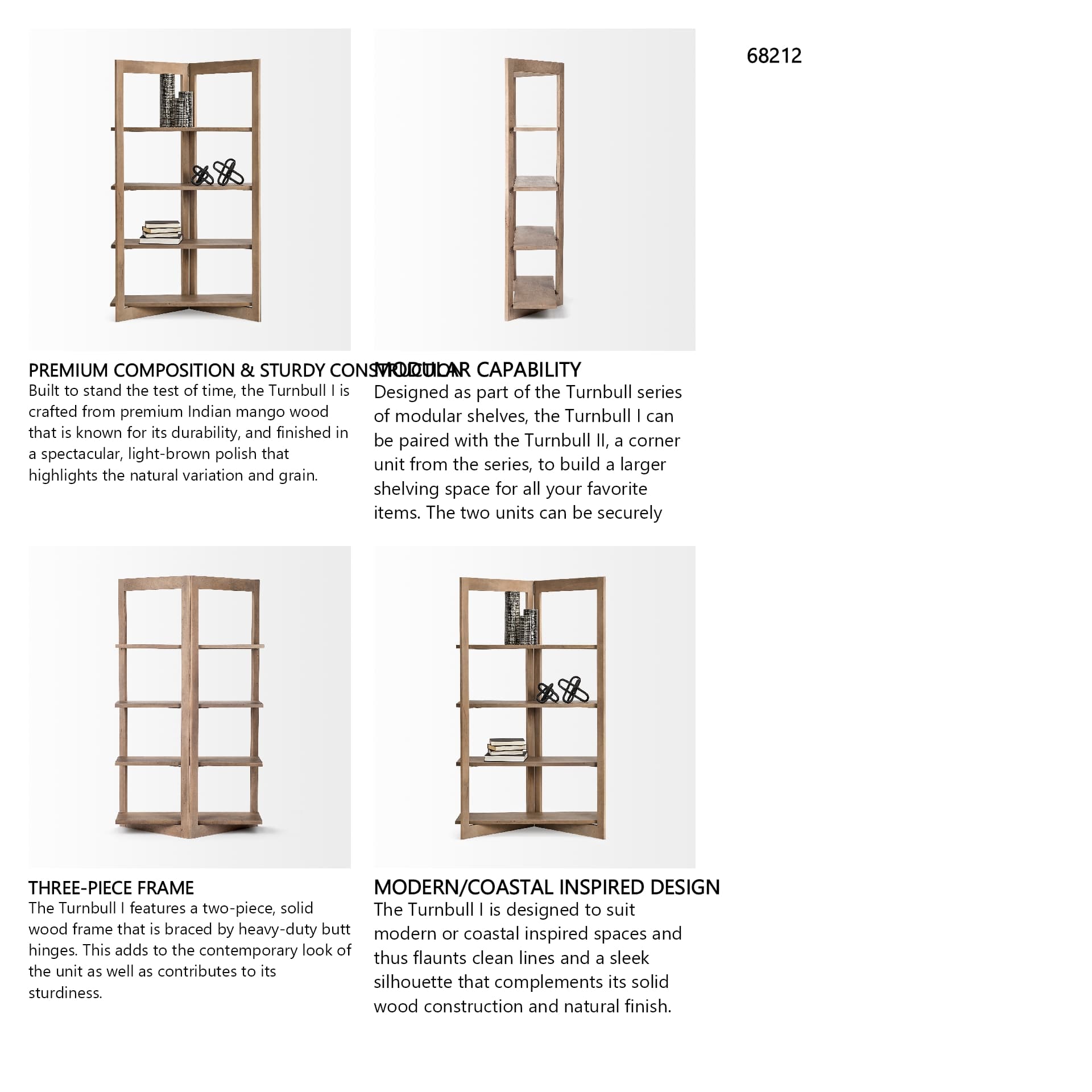 Turnbull I 42L x 16W x 72H Light Brown Wood Four Shelf Shelving Unit — in a styled room