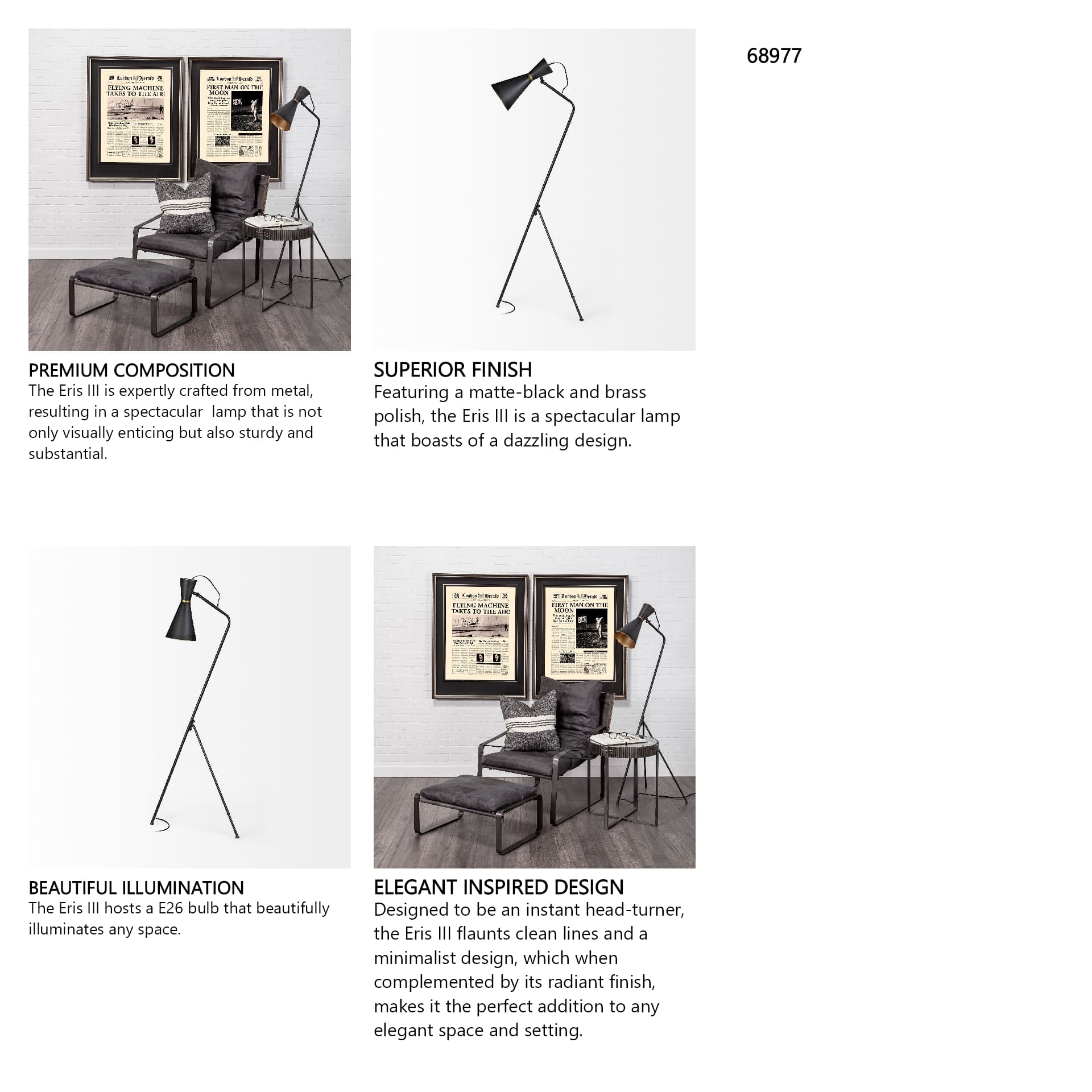 Eris III (58.3"H) Black/Brass Metal Cone Shade Floor Lamp — in a styled room