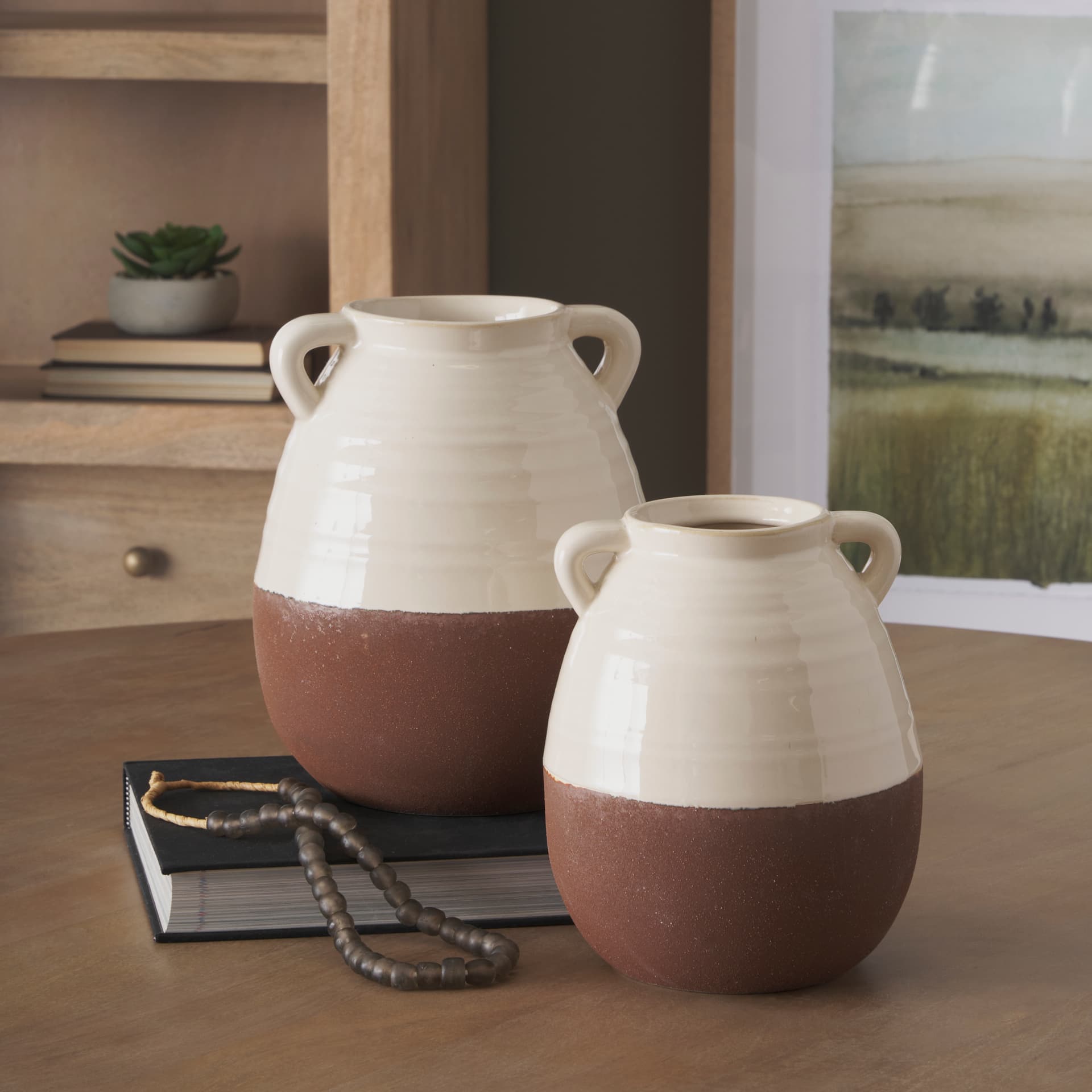 Tryna Large Beige w/ Matte Brown Ceramic Vase — in a styled room