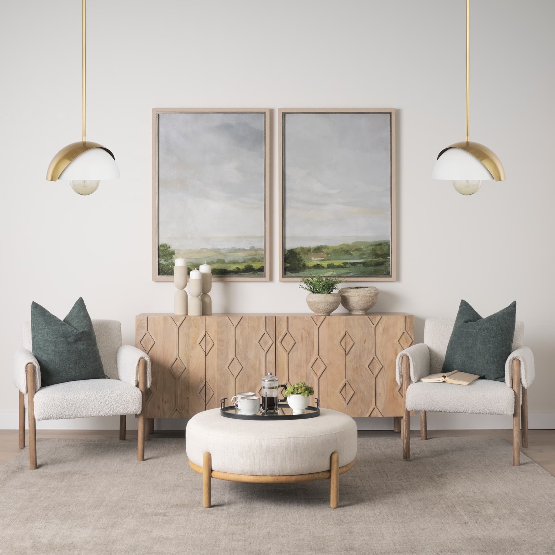 Cybill Brushed Brass w/ White Metal Shade 1-Light Wall Pendant — in a styled room