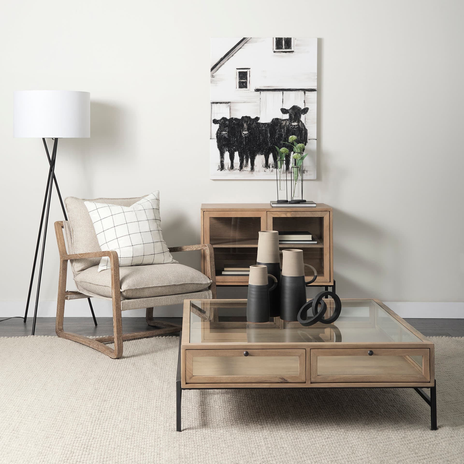 Arelius 42" Square Glass-Top Light Brown w/ Black Metal Base Display Coffee Table — product photograph