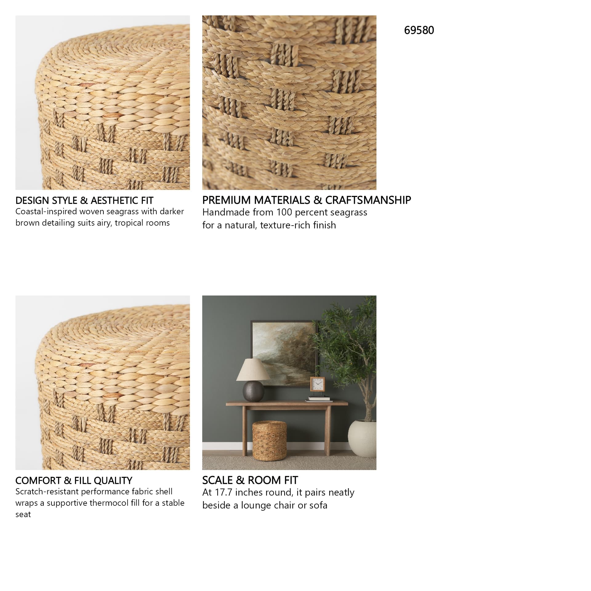 Michelle 17.7L x 17.7W x 17.7H Light Brown Woven Seagrass Round Pouf — in a styled room