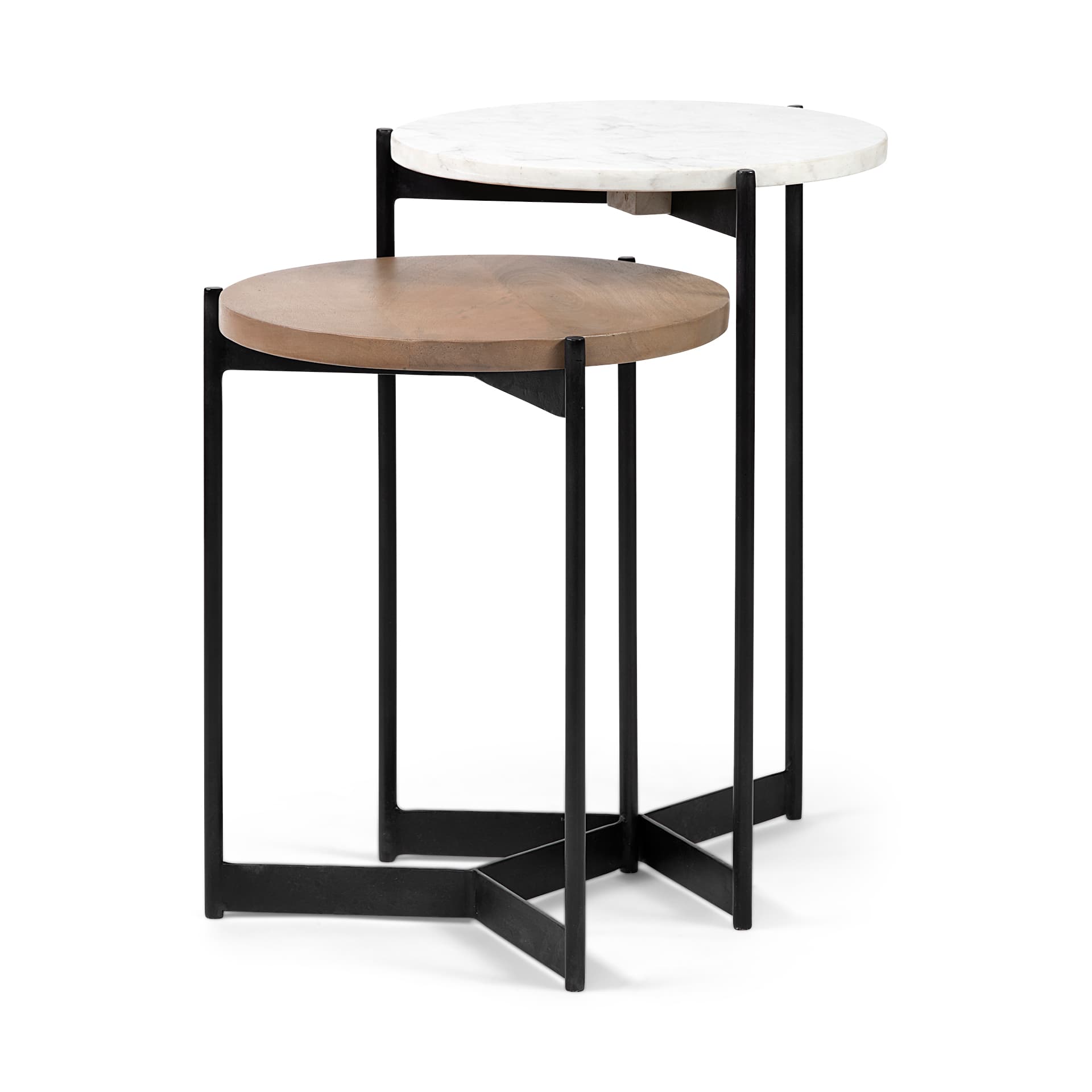 Larkin II Marble and Medium Brown Wood Round Tabletop Nesting End/Side Tables — product photograph
