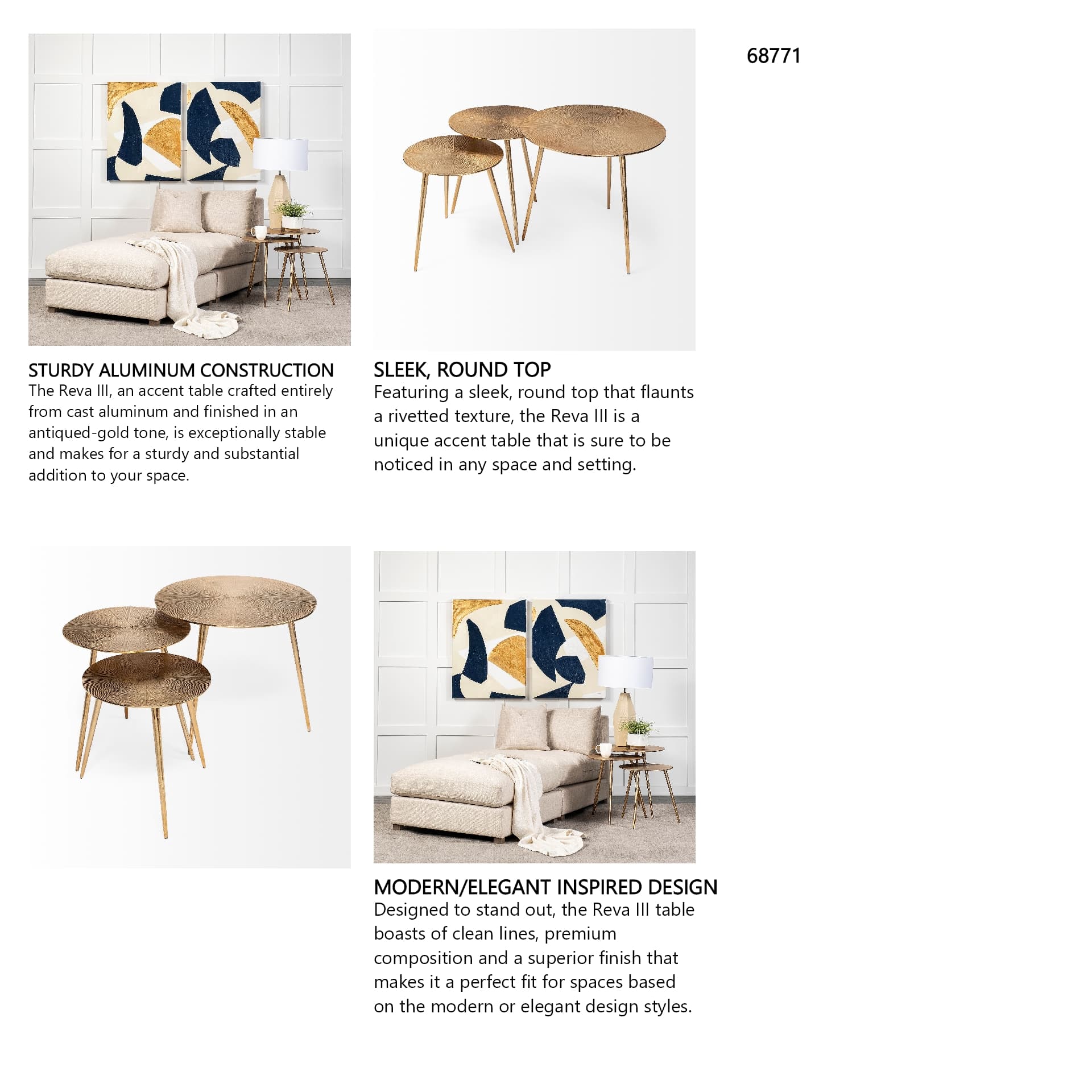 Reva I (Large) 24L x 24W Gold Round Top Cast Aluminum Accent Table — in a styled room