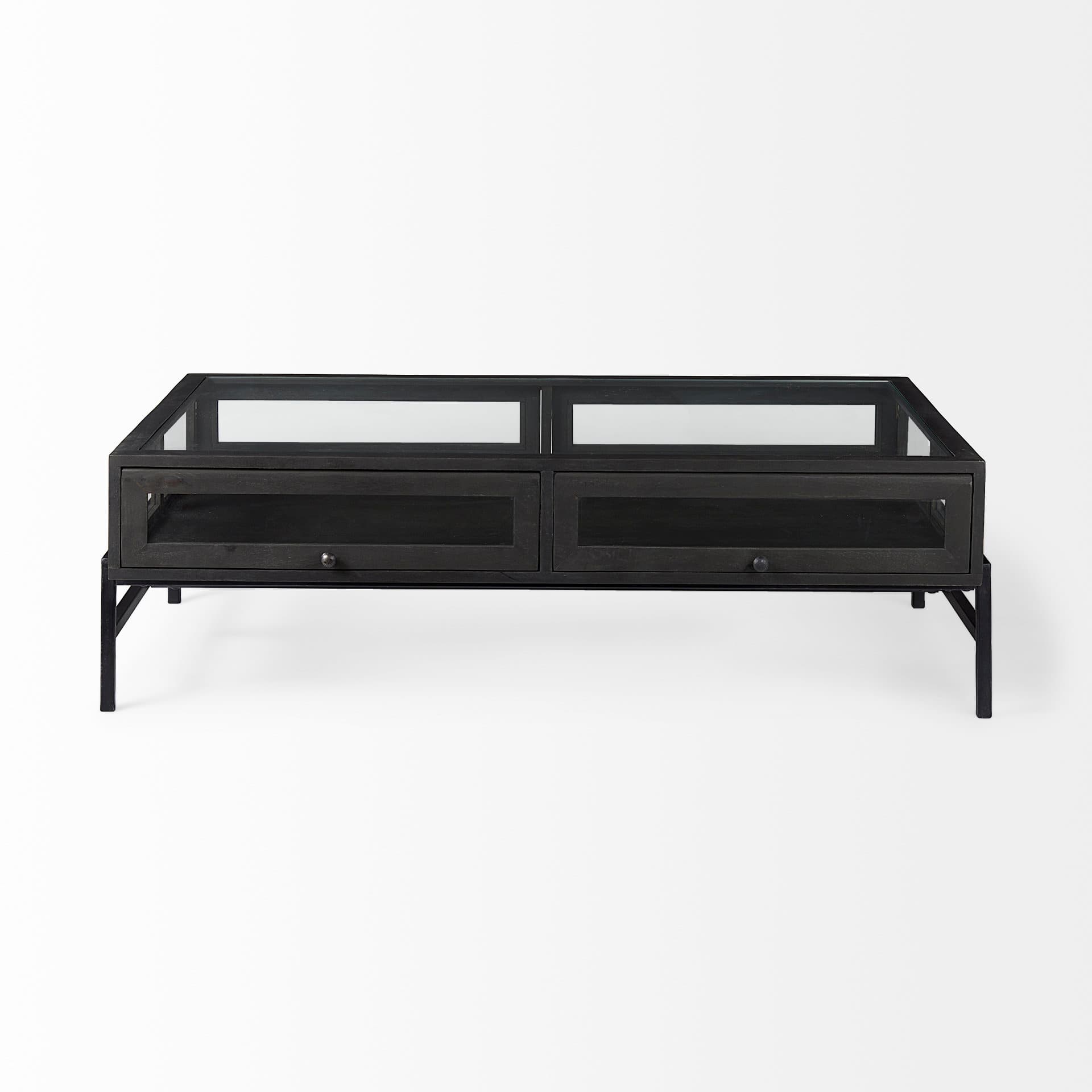 Arelius 49.5"L Rectangular Glass-Top Black-Brown Wood w/ Black Metal Base Display Coffee Table — product photograph
