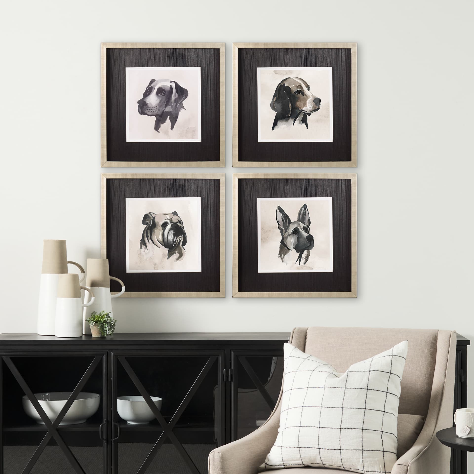 Small Inked Dogs IV by Grace Popp a Hand Embellished Textured Framed Art Print Matted under Glass — in a styled room