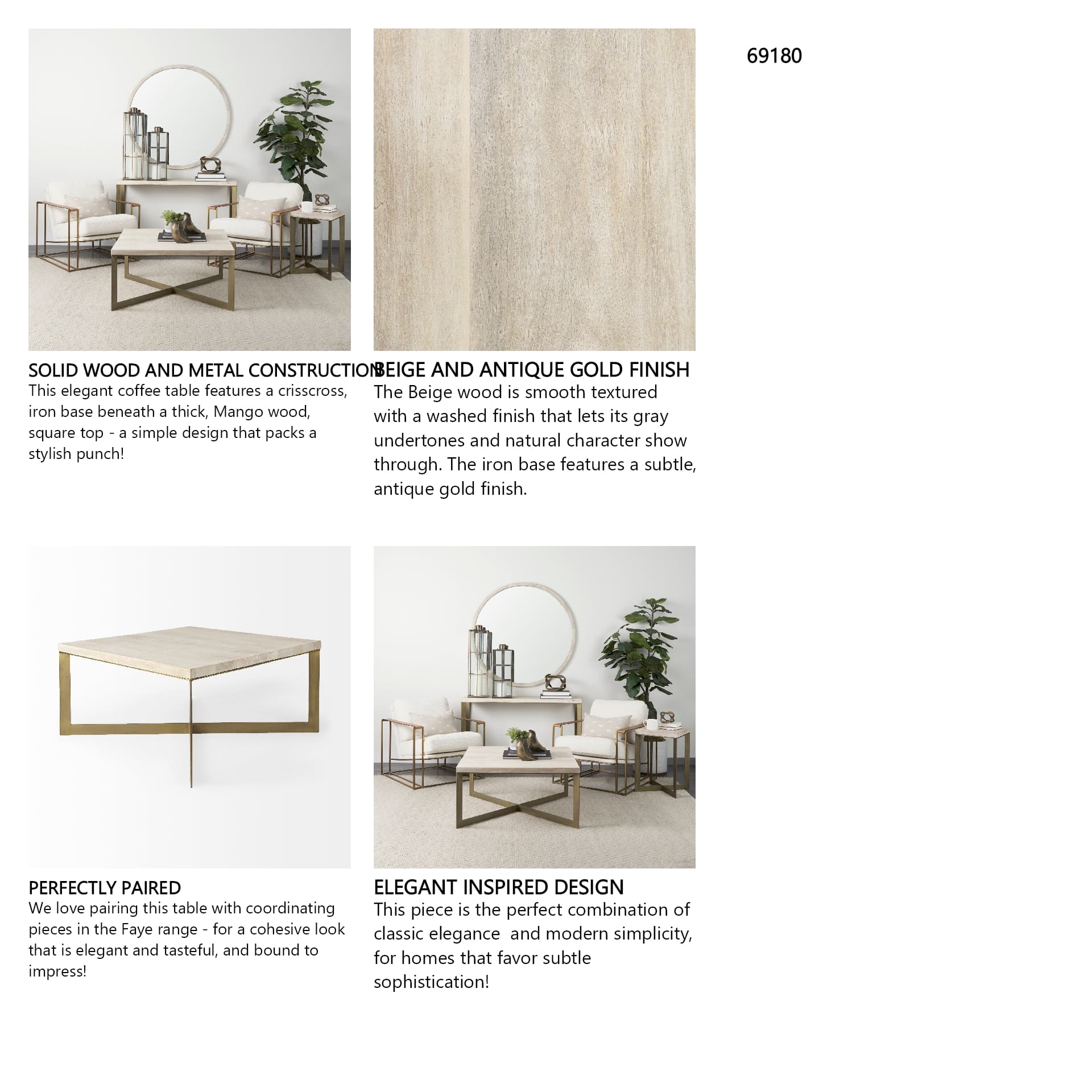 Faye 34L x 34W x 17H Beige Finished Wood W/Gold Metal Base Square Coffee Table — in a styled room