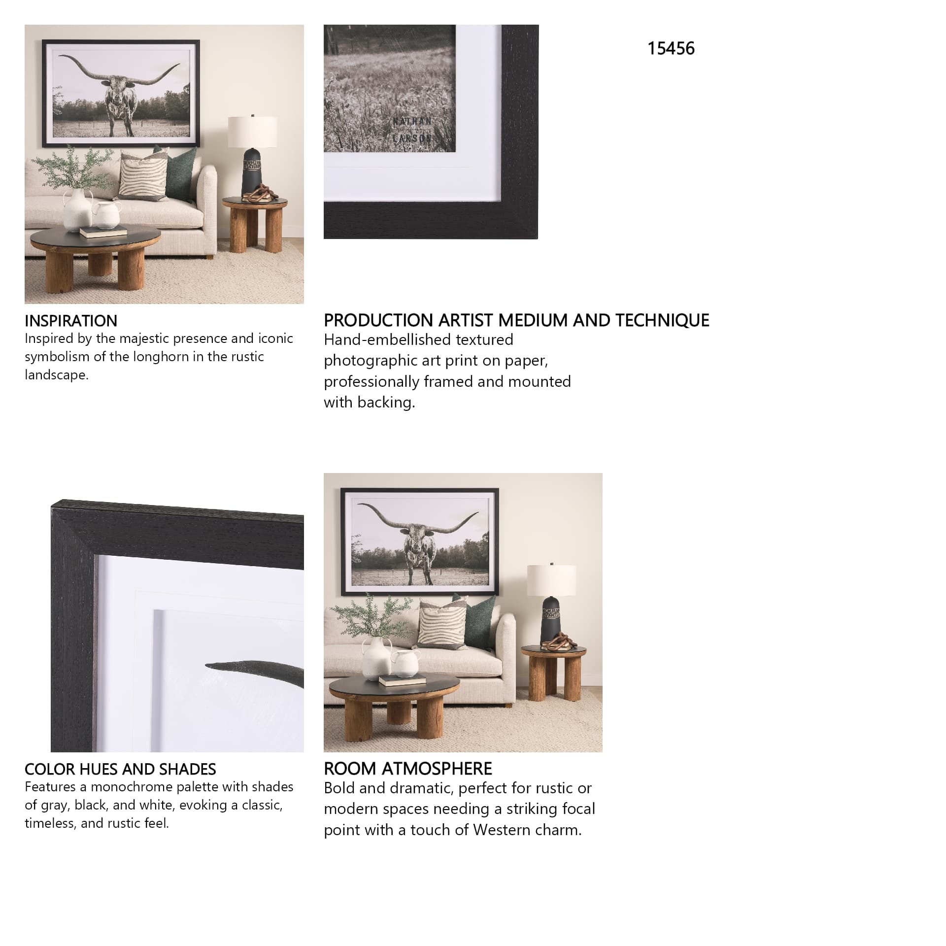 Longhorn Last Call BW by Nathan Larson Hand Embelished Textured Framed Photo Art Print Matted under — in a styled room
