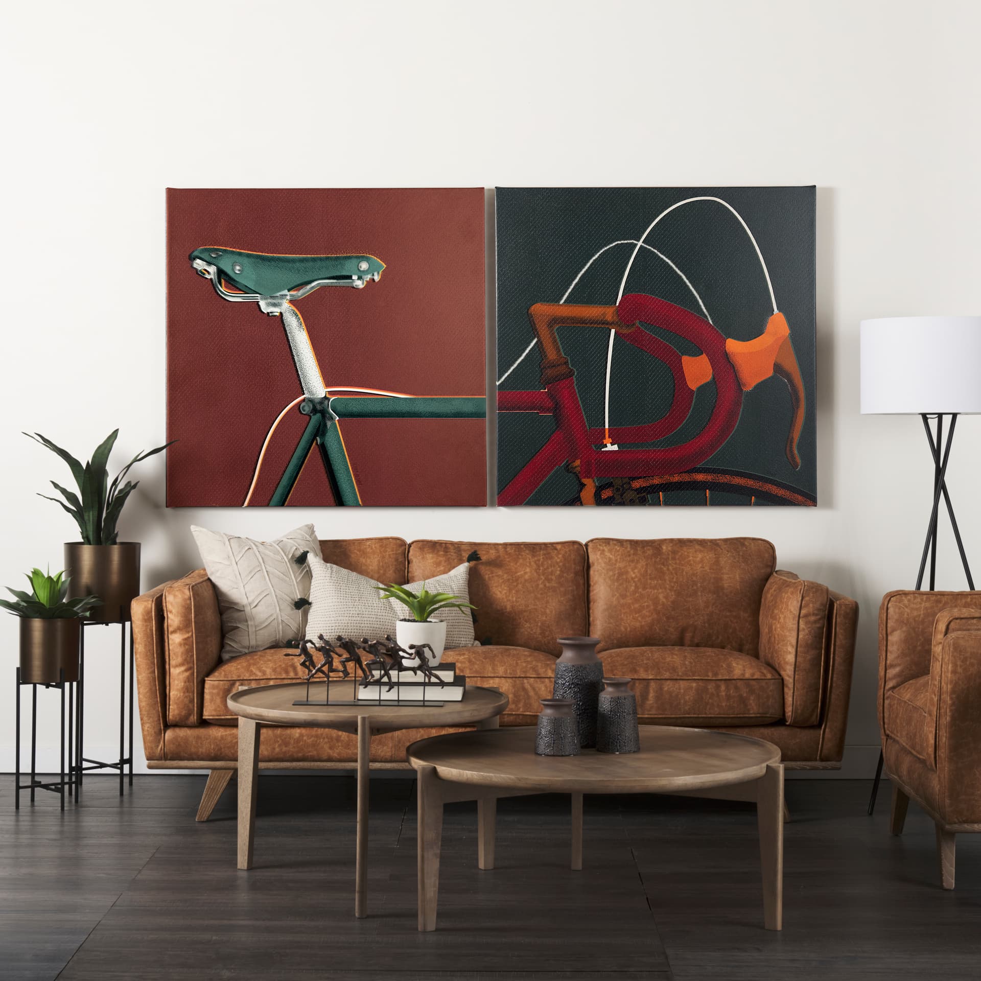 Bike Saddle Orange by Alarm a Hand Embellished Textured Canvas — in a styled room