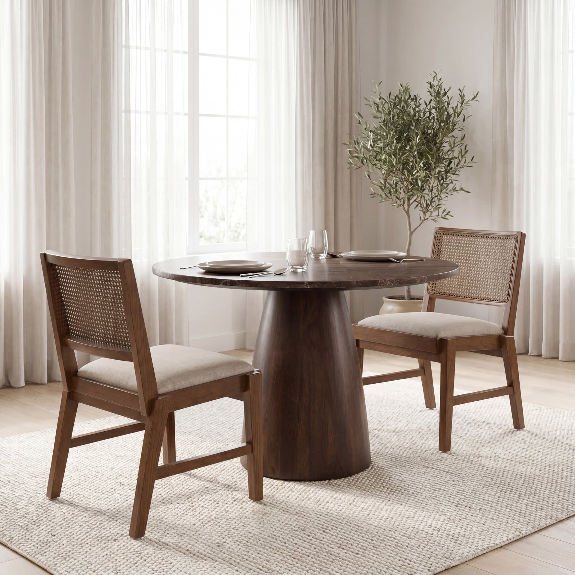 Reid Cane Back Dining Side Chair | Cream Fabric w/ Brown Wood — product photograph