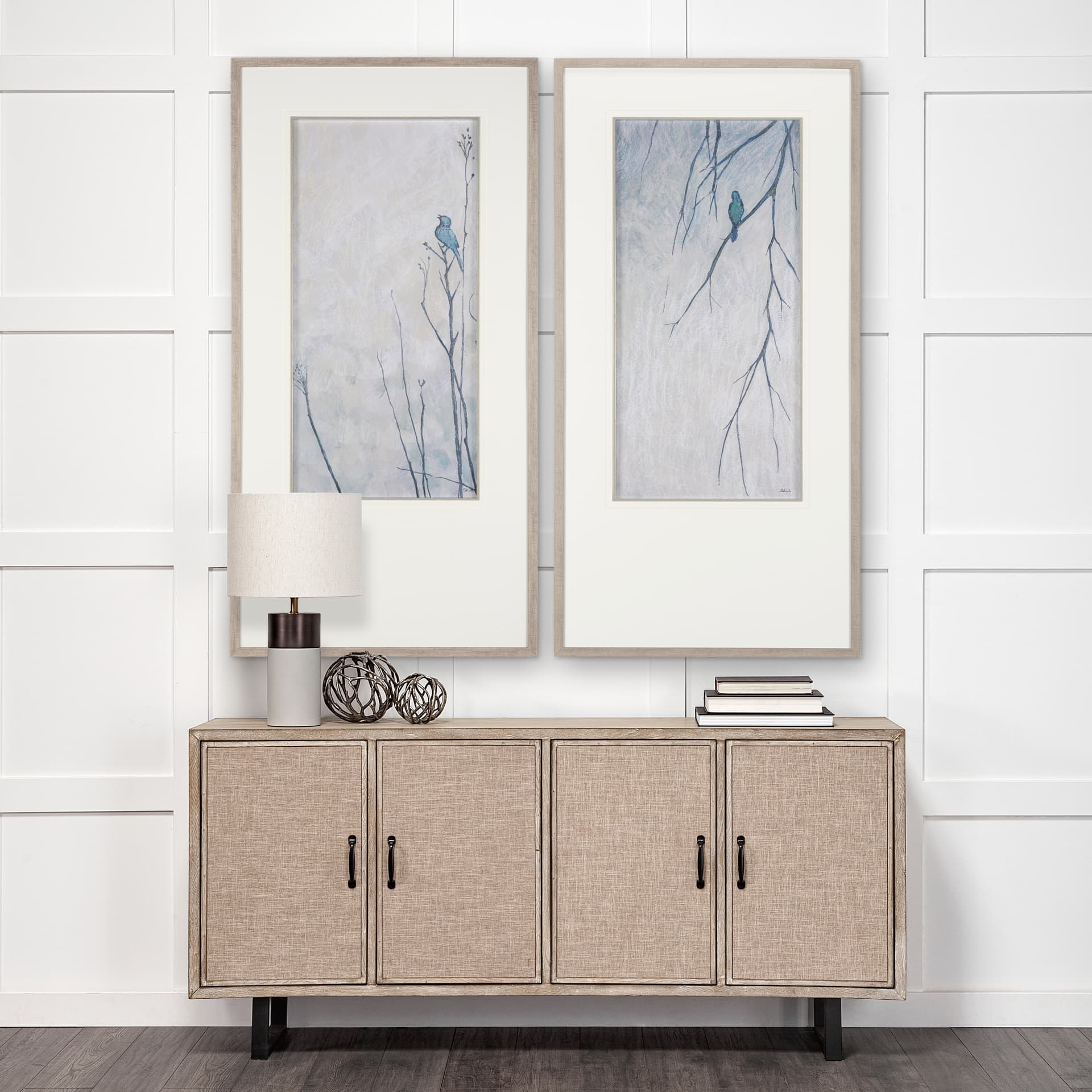 Bird Song II by Mercana Studio a Hand Embelished Textured Framed Art Print Matted under Glass — in a styled room