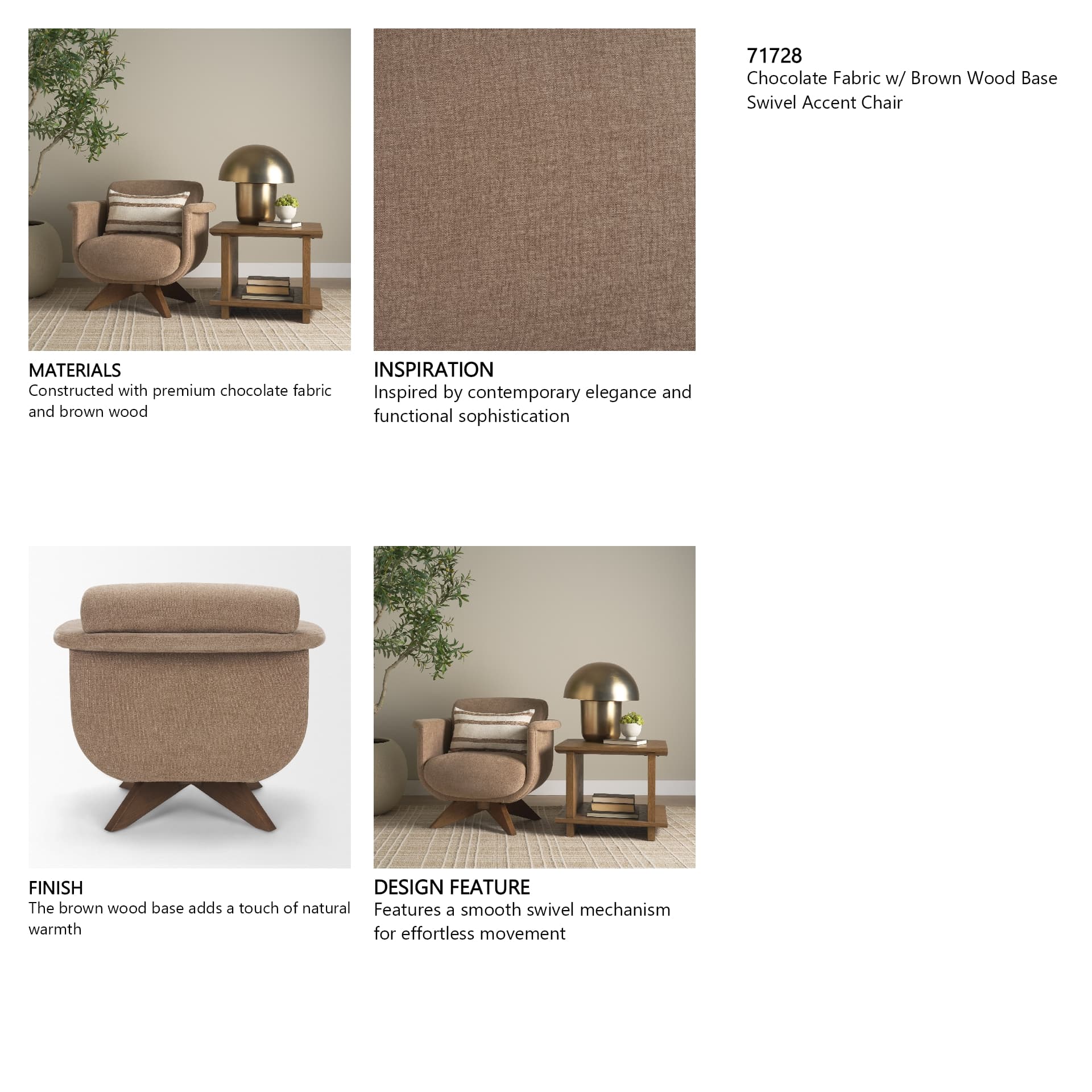 Oskar Chocolate Fabric w/ Brown Wood Base Swivel Accent Chair — product photograph