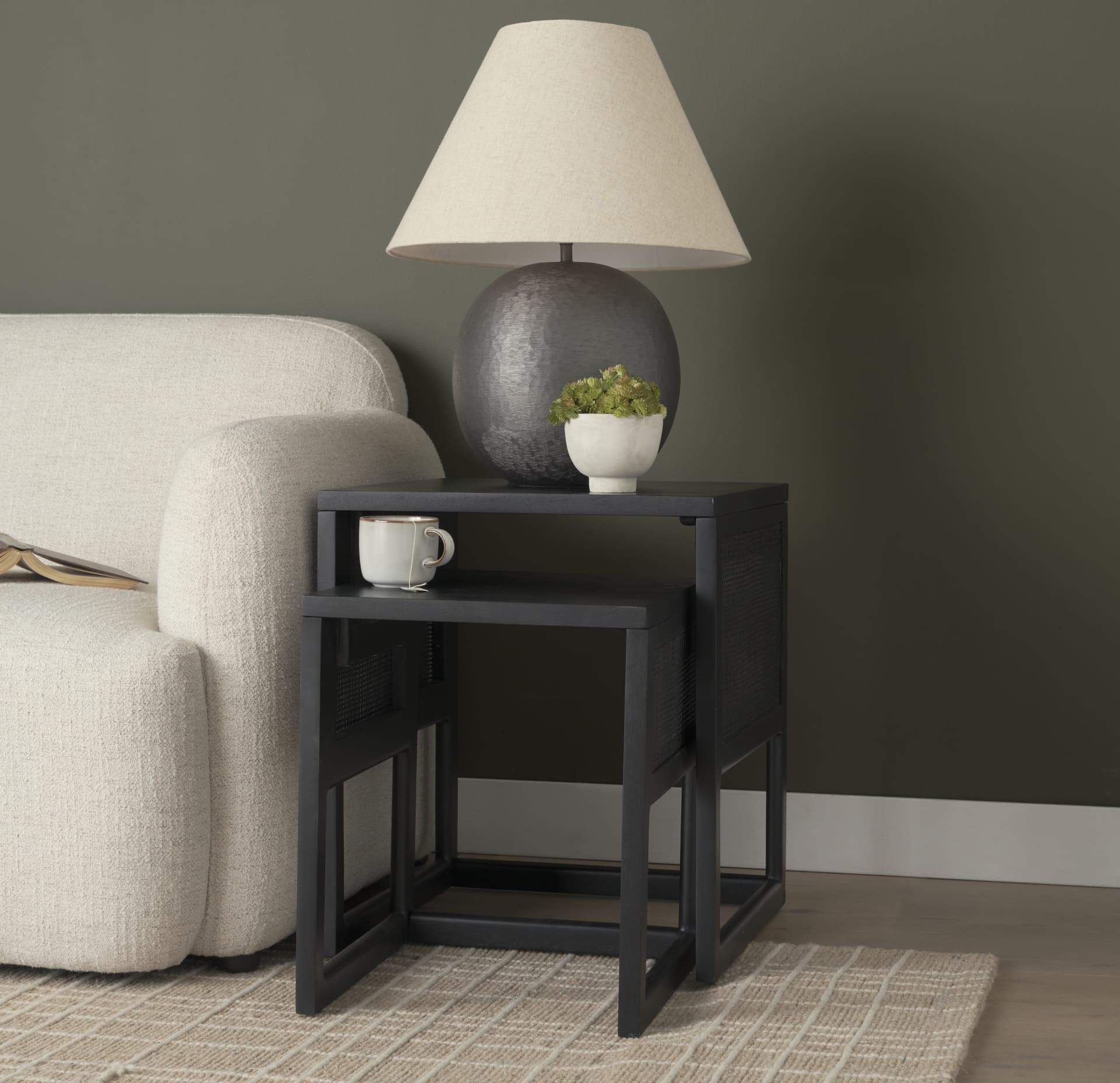 Grier Set of 2 Black Wood w/ Black Cane Nesting Accent Tables — product photograph