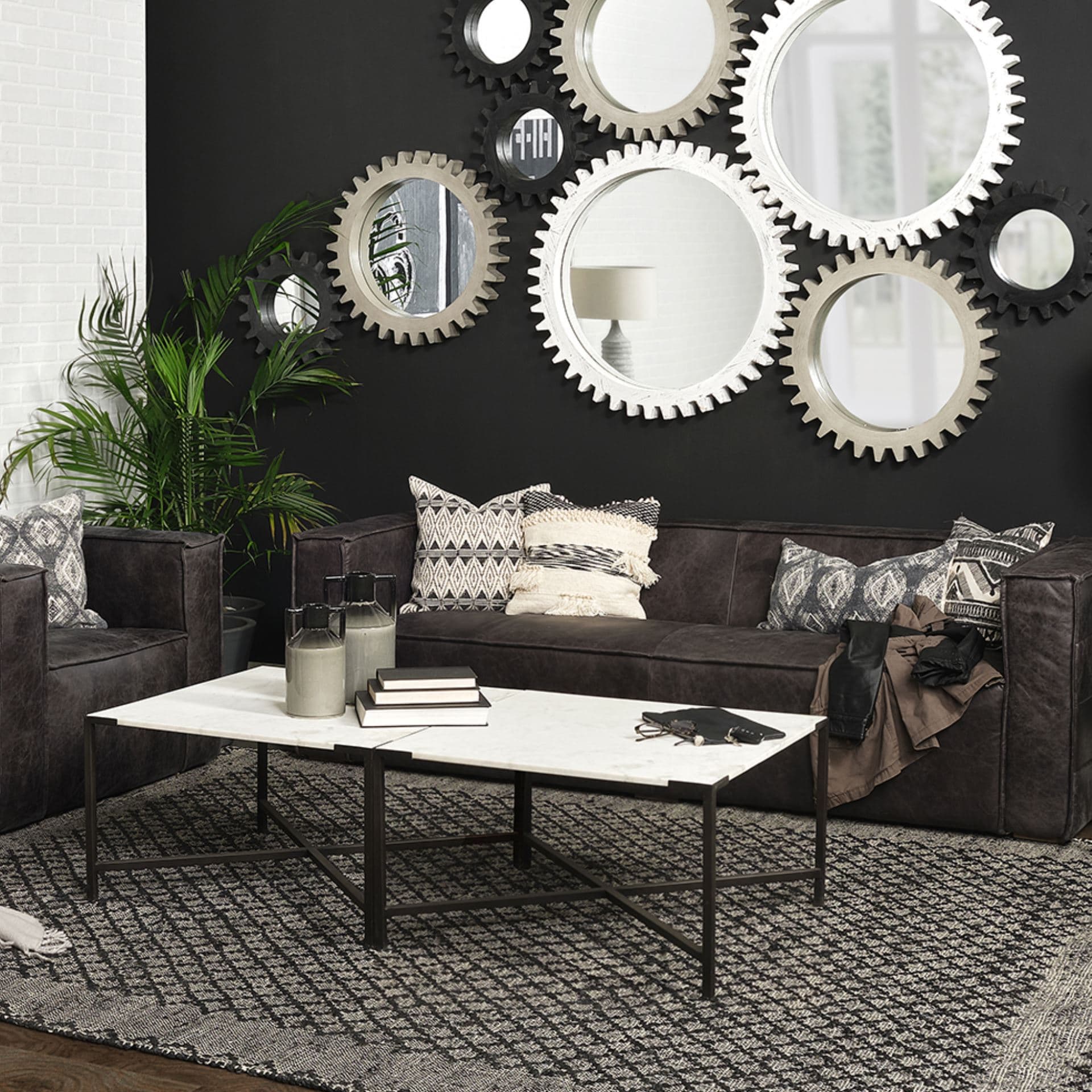 Lucas 30x30 White Marble Top Black Metal Base Coffee Table — in a styled room