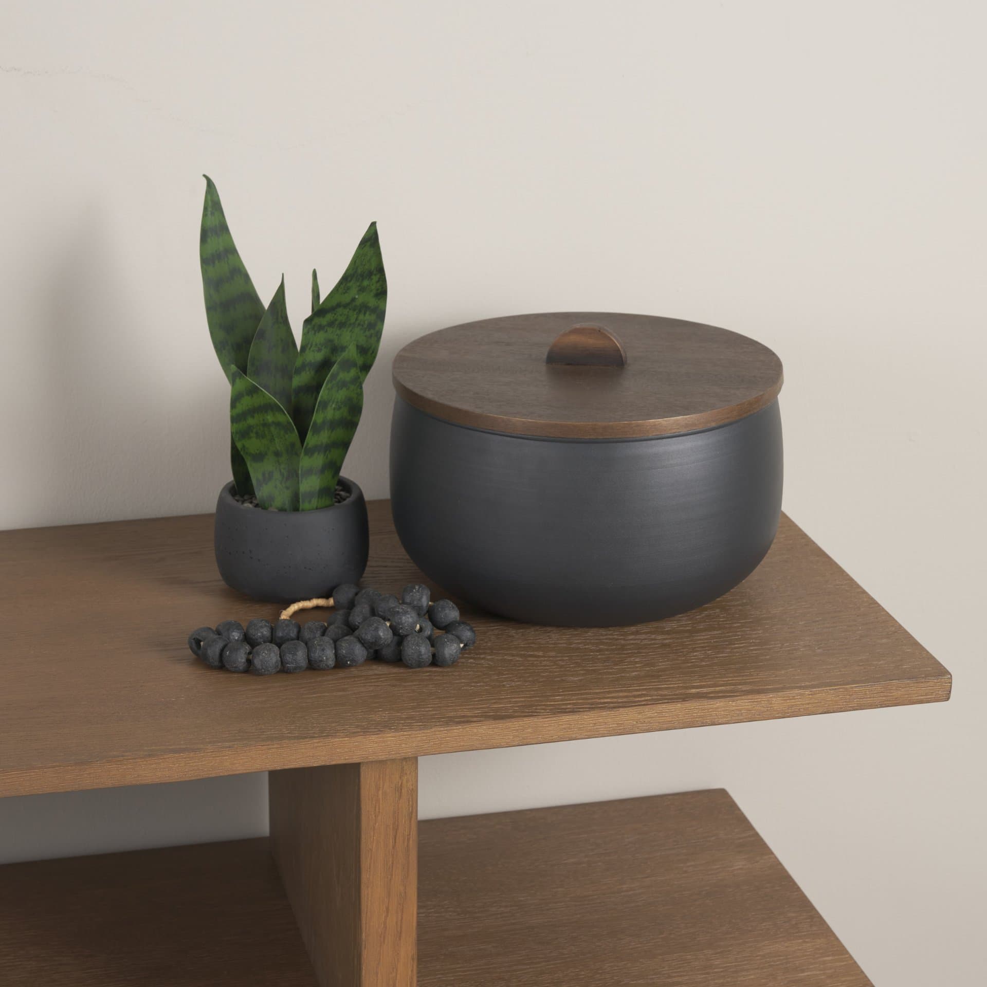 Voss Black Metal w/ Dark Wood Lid Canister — in a styled room