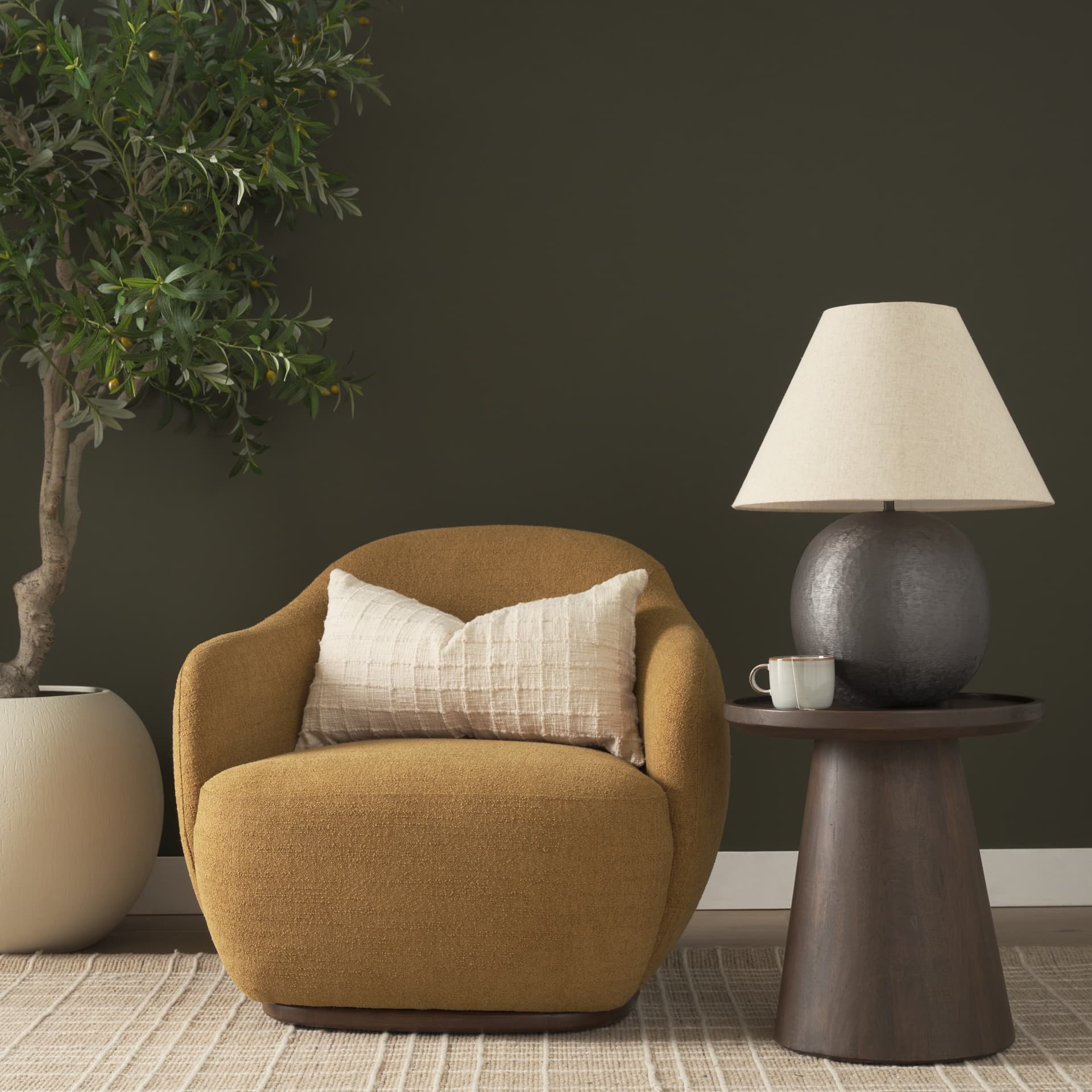 Hudson Mustard Fabric Upholstered Swivel Chair — in a styled room