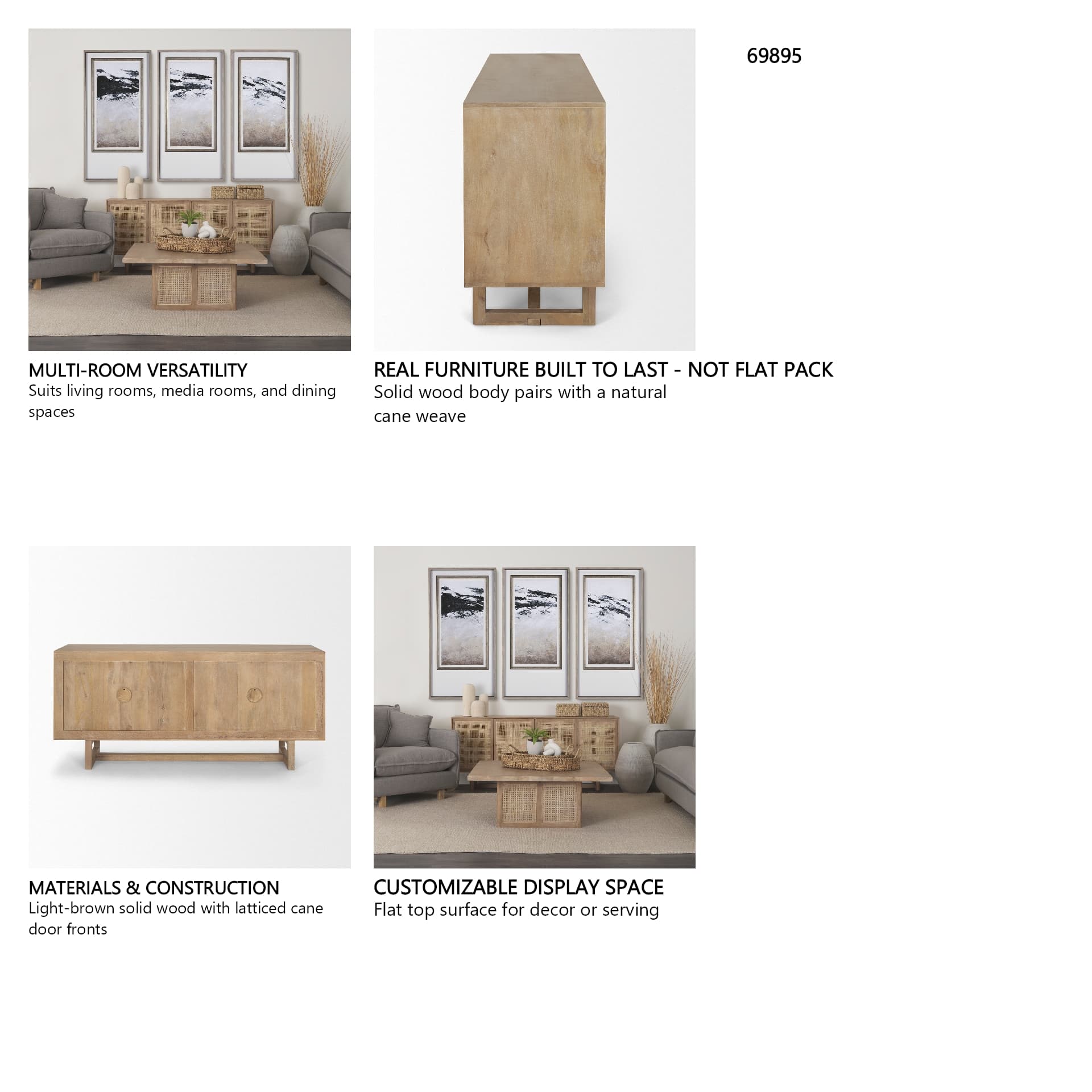 Grier 72" Light Brown Solid Wood W/ Cane Sideboard — in a styled room