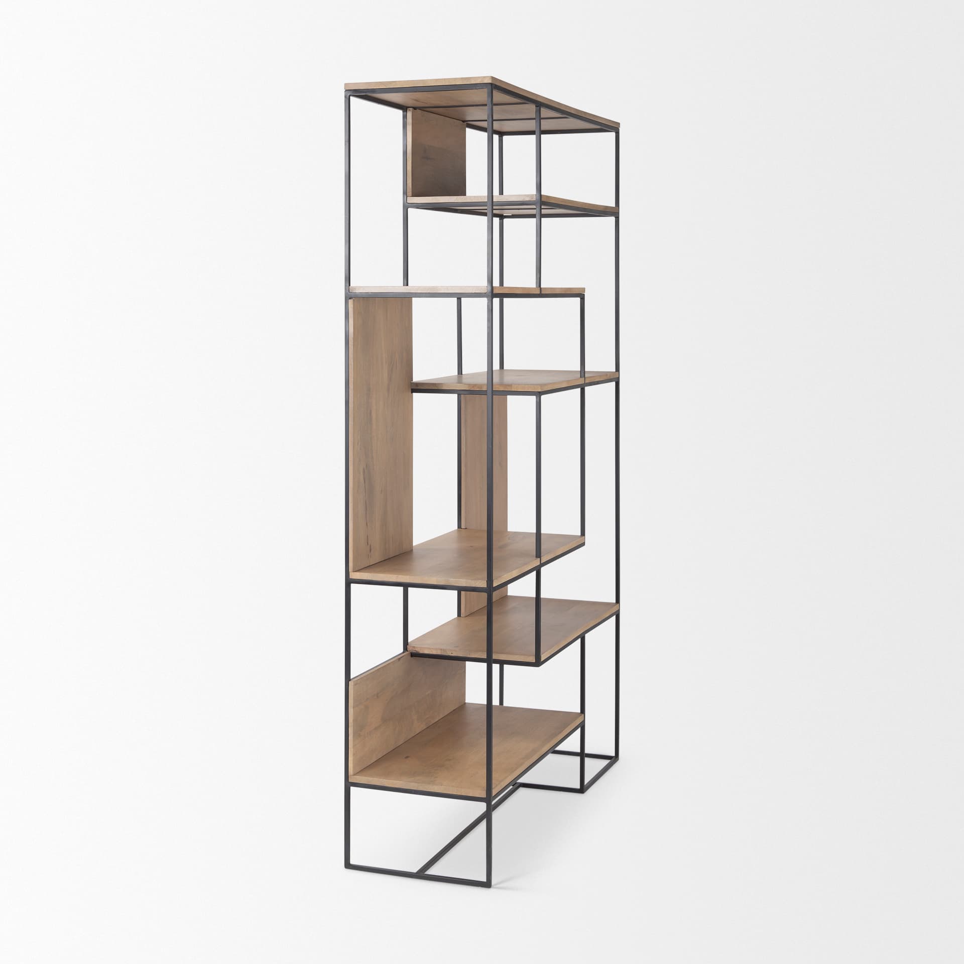 Morris 47.0L x 15.0W x 75.0H Light Brown Wood w/ Black Metal Frame 6-Tier Shelving Unit — product photograph