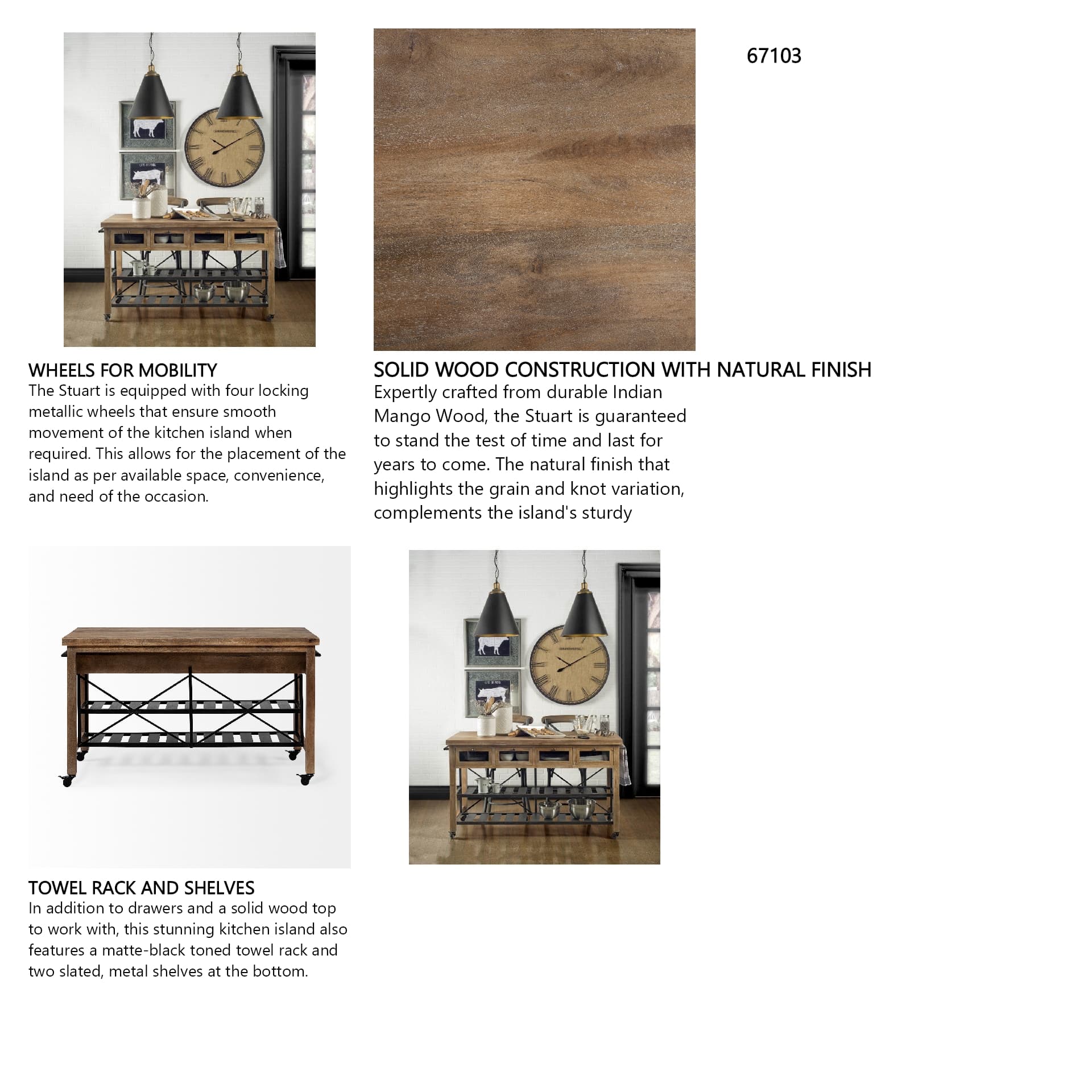 Stuart I Brown Solid Wood Top Two-Tier Black Metal Rolling Kitchen Island — in a styled room