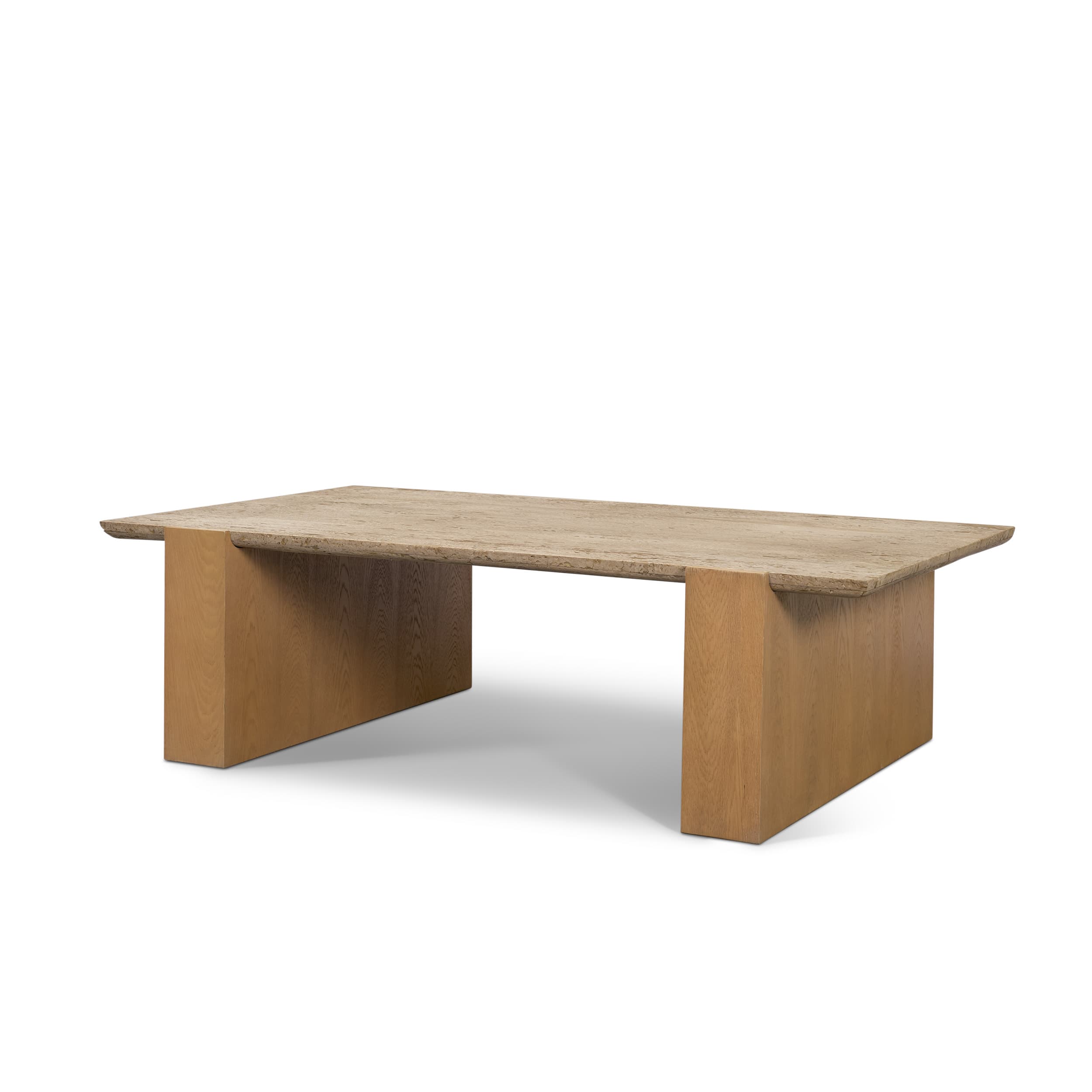 Milos Travertine Top w/ Light Brown Oak Wood Coffee Table — product photograph