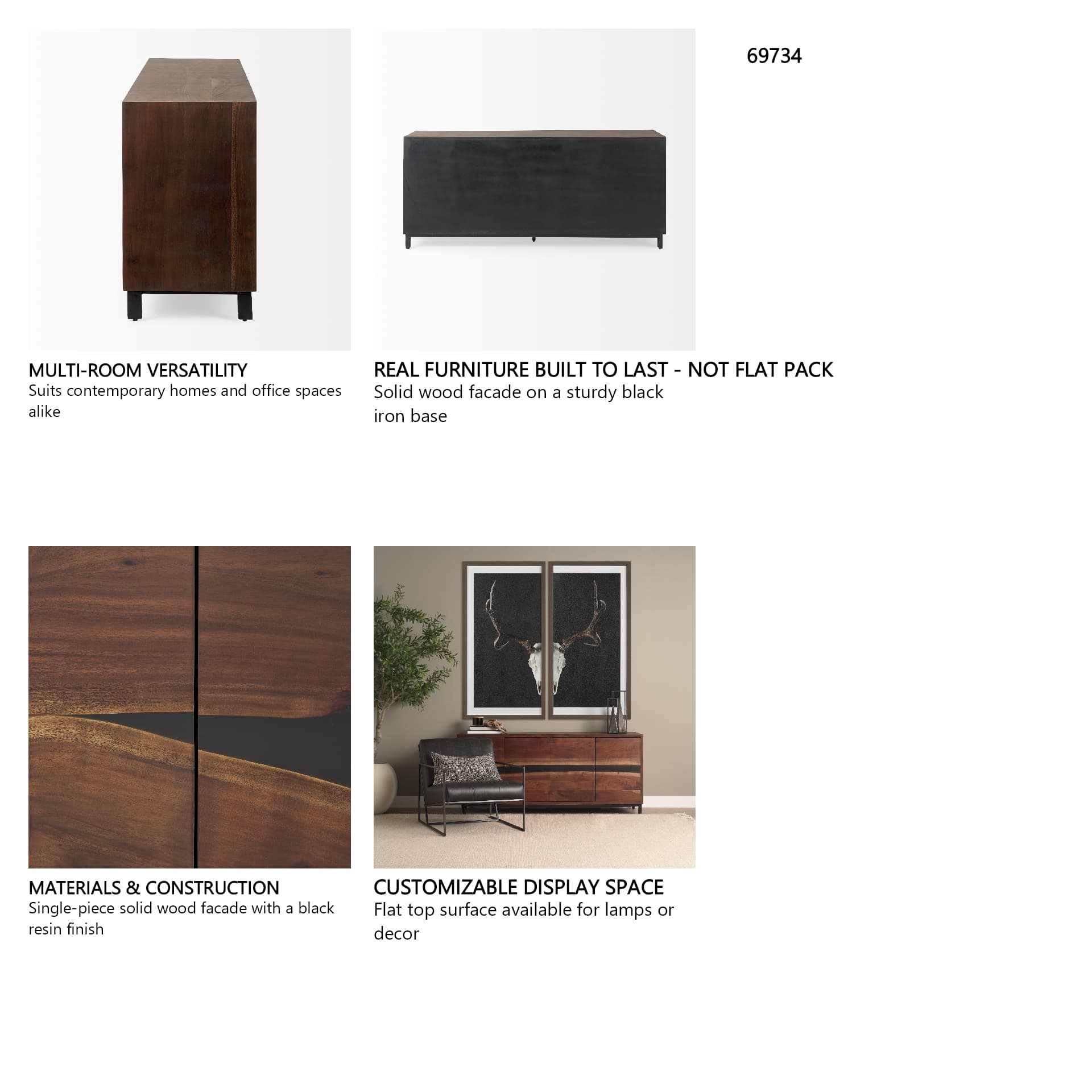 Hemlock 69L x 18W x 30H Brown Wood Sideboard — in a styled room