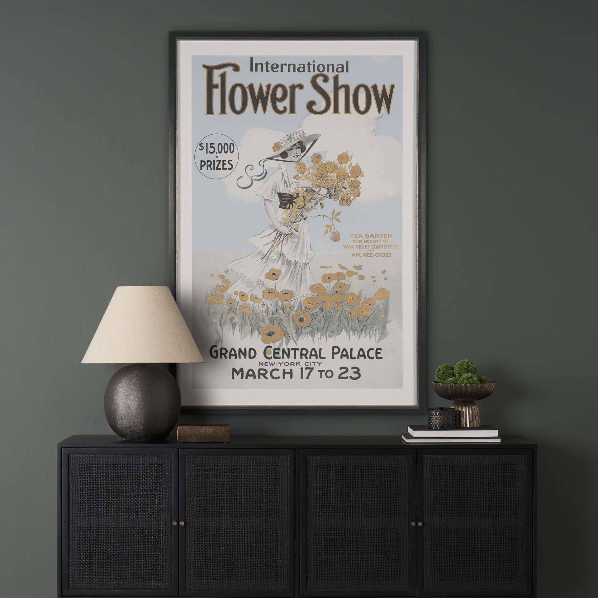 Ephemera Flower Show by The Vintage Collection Hand Embelished Framed Artwork Matted under Glass — in a styled room