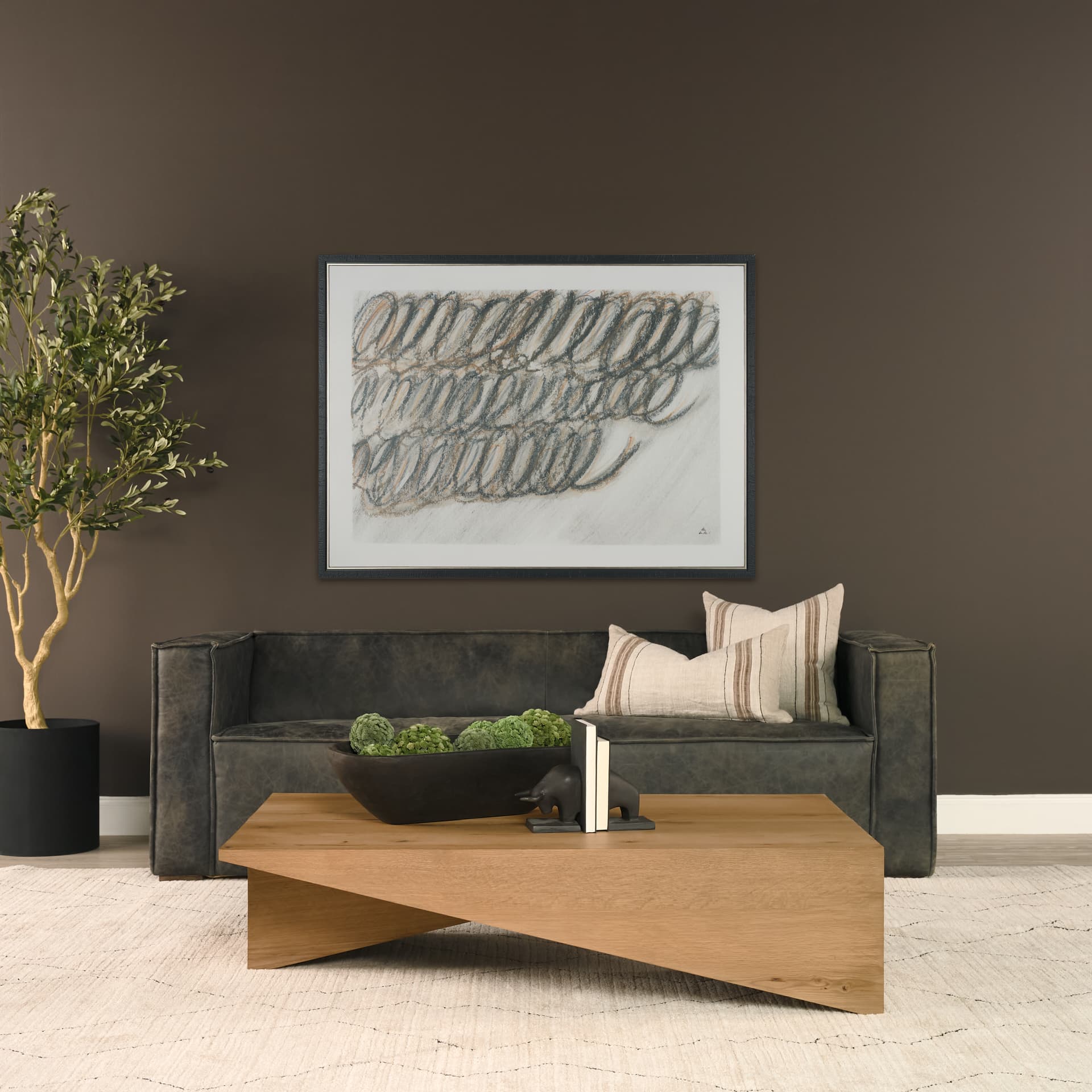 West Light Brown Oak Wood Rectangular Coffee Table — in a styled room