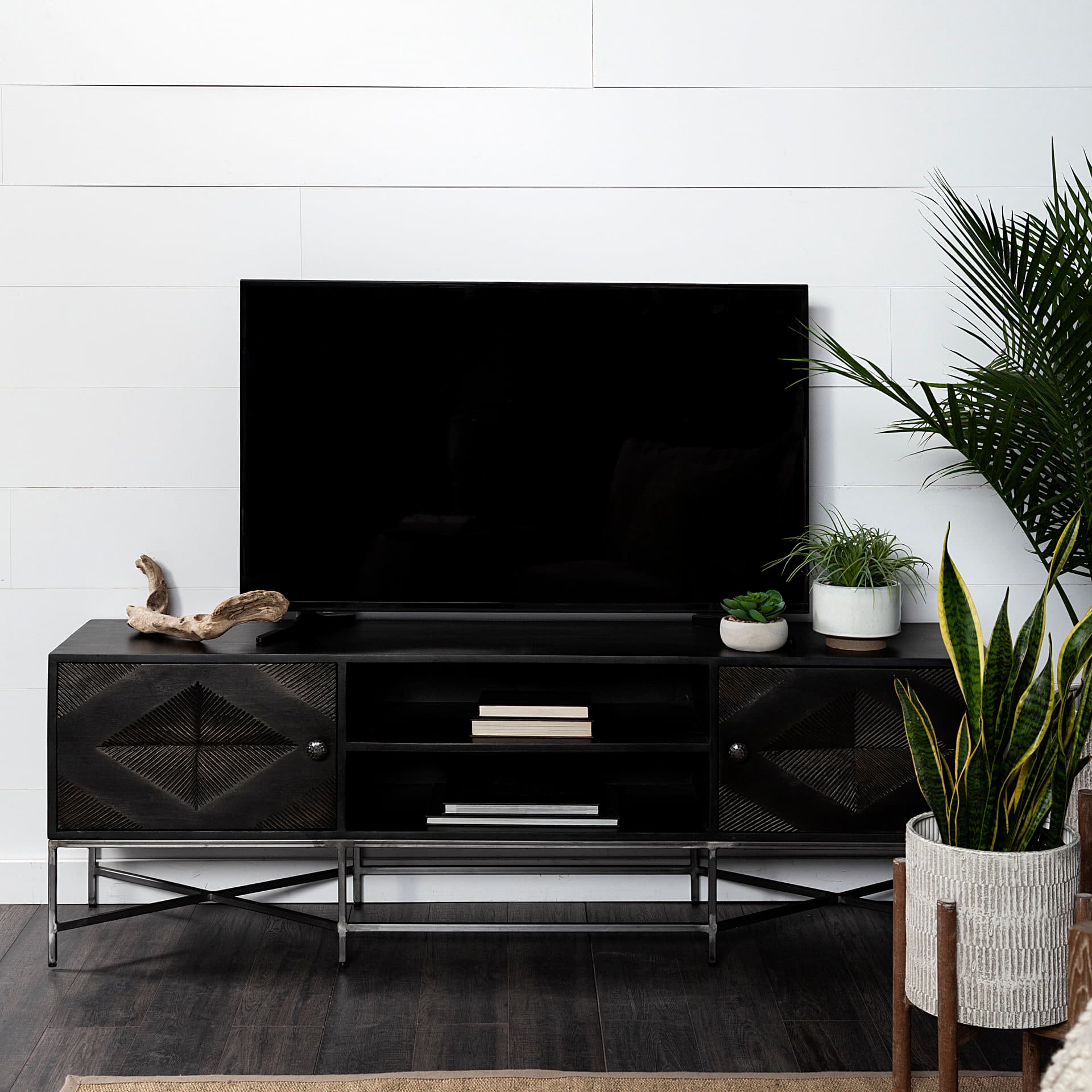 Hogarth I Dark Brown Solid Wood TV Stand Media Console with Storage, TV up to 81" — product photograph