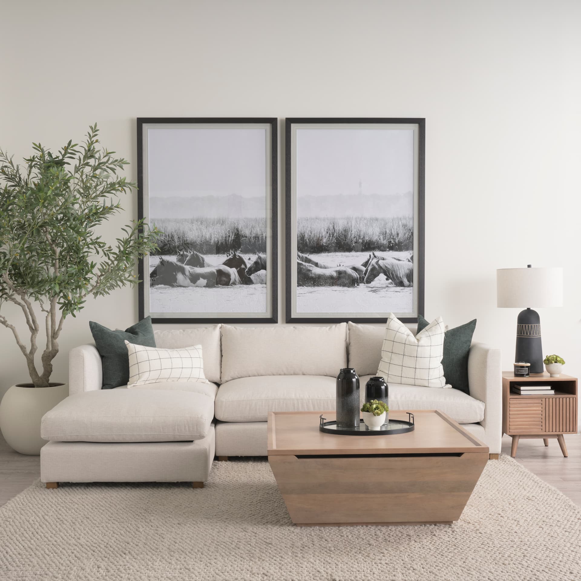 Halston Large Ottoman Oatmeal Performance Fabric — in a styled room