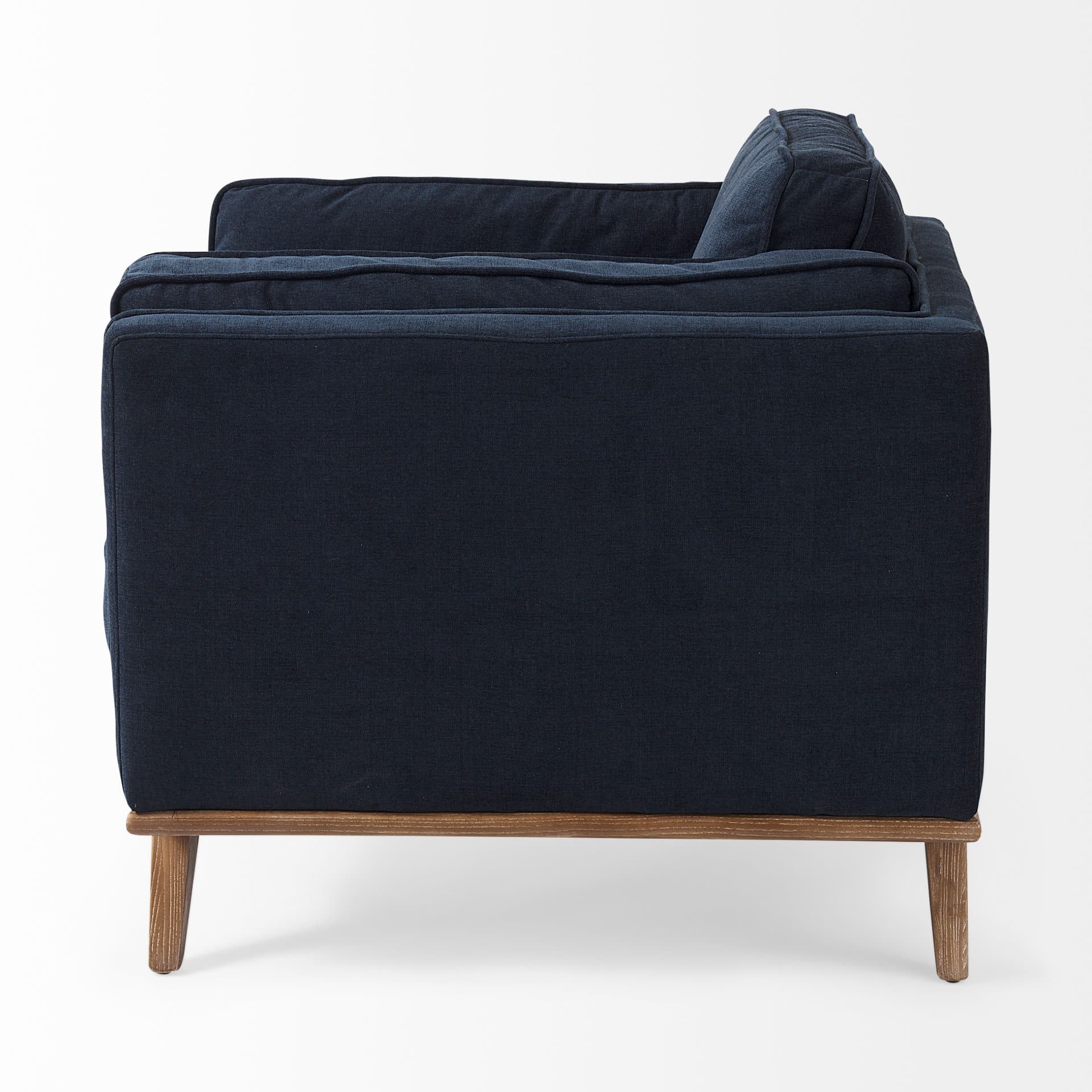Brooks 41.7L x 34.8W x 33.5H Navy Blue Fabric Chair W/ Medium Brown Wooden Legs — product photograph