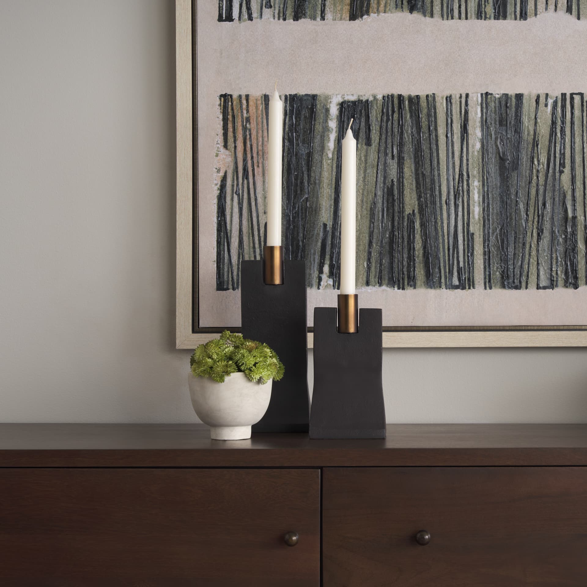 Polli Matte Black w/ Brushed Gold Metal Taper Candleholders (Set of 2) — in a styled room