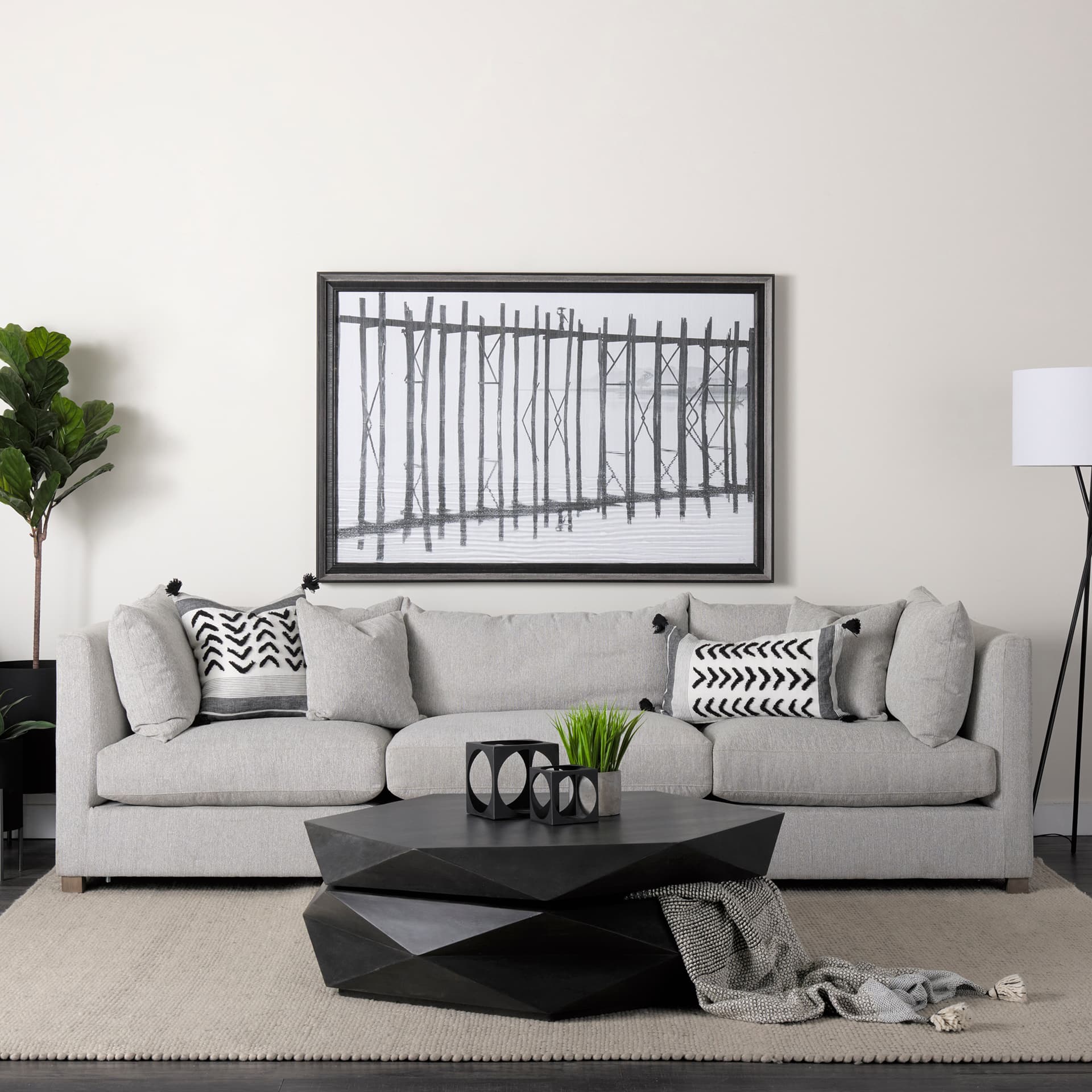 Kimia 14x26 White/Black Fabric Herringbone w/Fringed Pillow Cover — product photograph