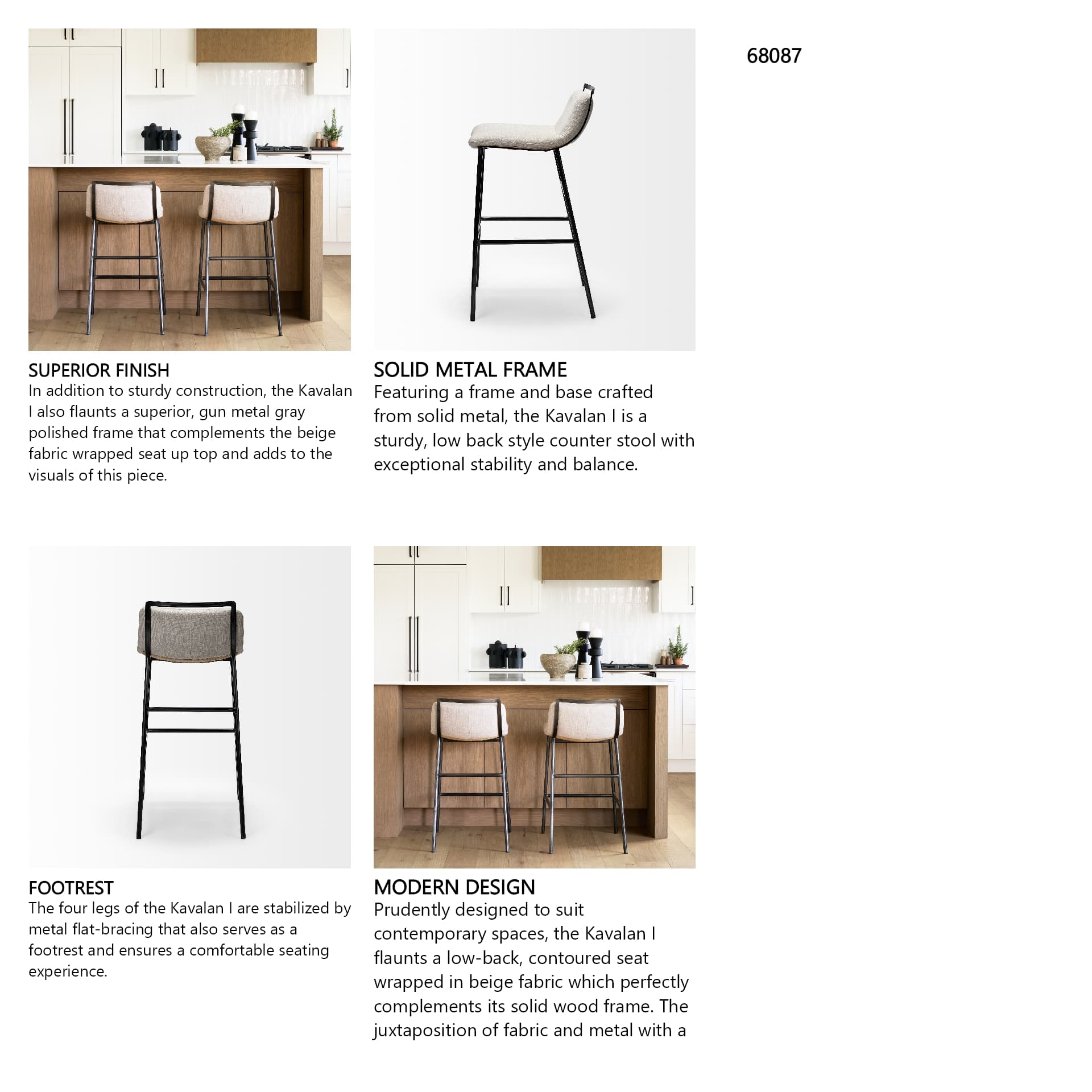 Kavalan Low Back 24.25in Seat Counter Stool | Beige Fabric w/ Metal — product photograph