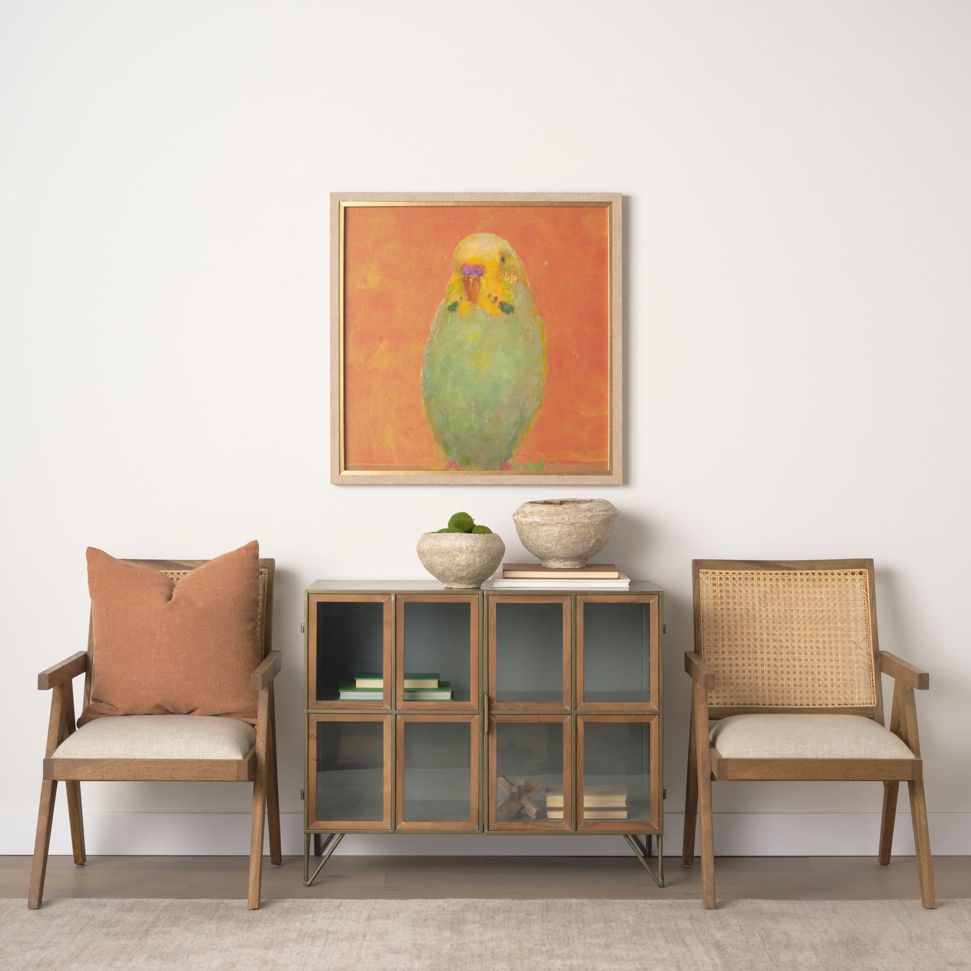 Bright Birds II by Roy Woodland a Hand Embellished Textured Framed Art Print — in a styled room