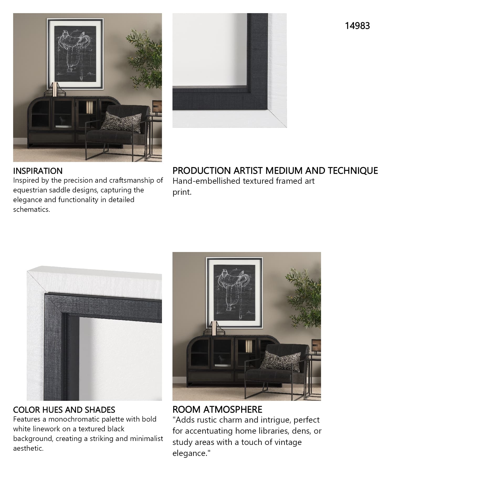 Horse Seat Black I by Mercana Studio a Hand Embellished Textured Framed Art Print — in a styled room