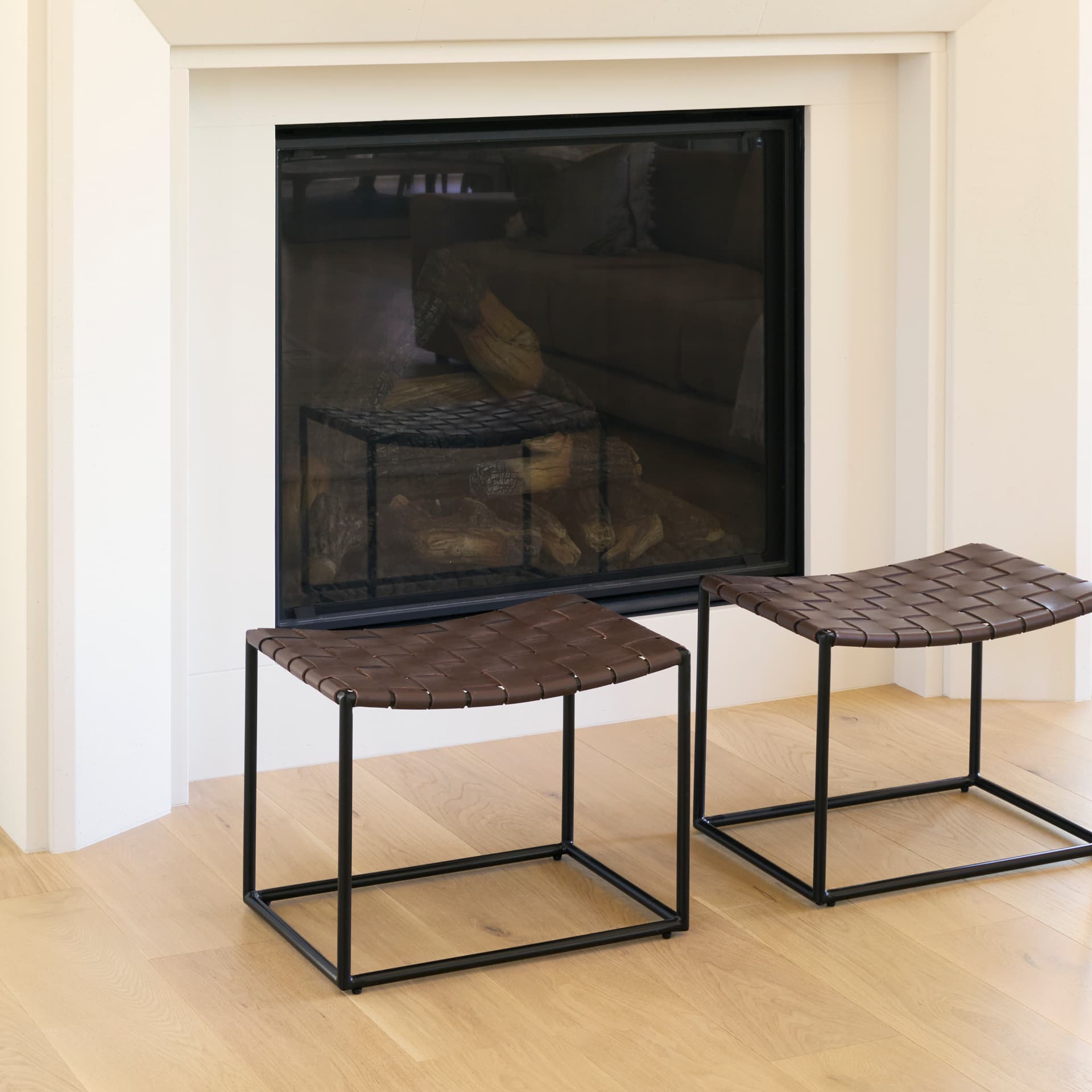 Clarissa 22.0L x 16.0W x 16.5H Brown Leather Woven Seat W/ Black Metal Frame Stool — product photograph