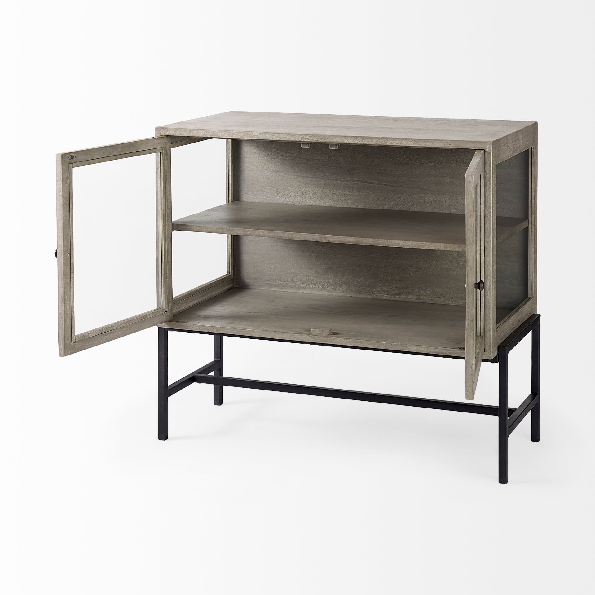 Arelius 36L x 18W x 32H Gray Wood, Black Metal Base w/ 2 Glass Doors Accent Cabinet — product photograph