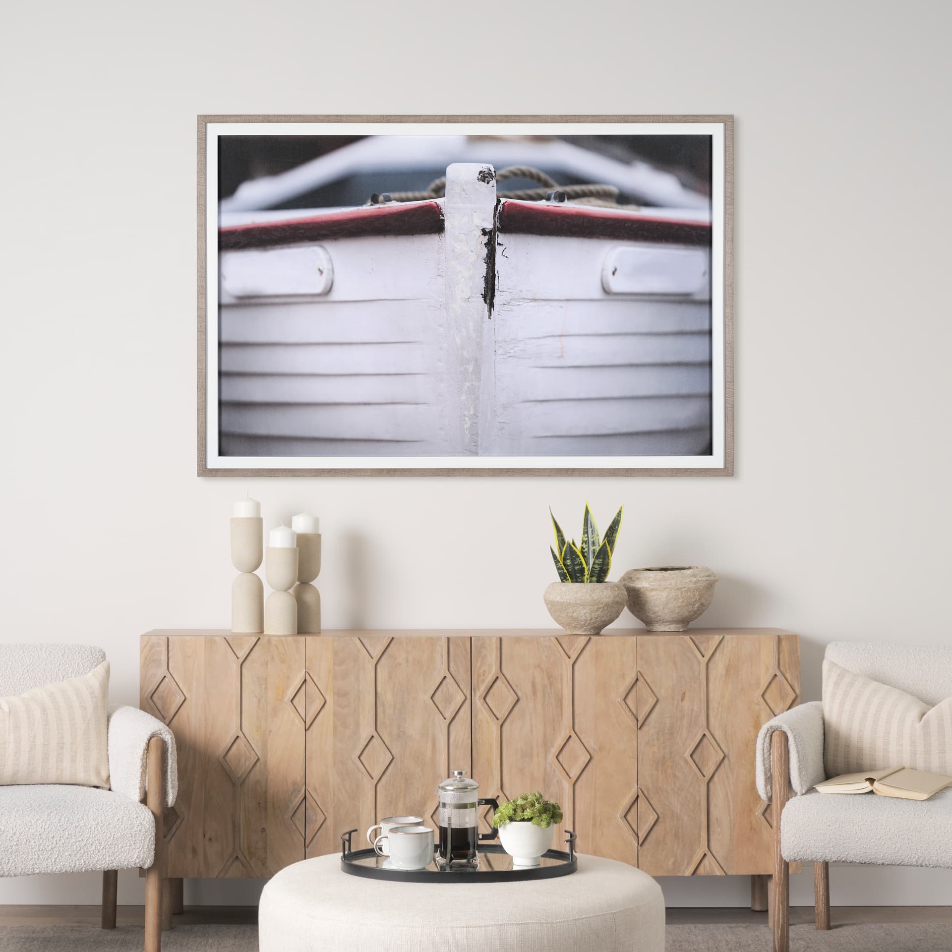 Waiting for the tide by Mercana Studio Hand Embellished Textured Framed Photo Art Print Matted under — in a styled room