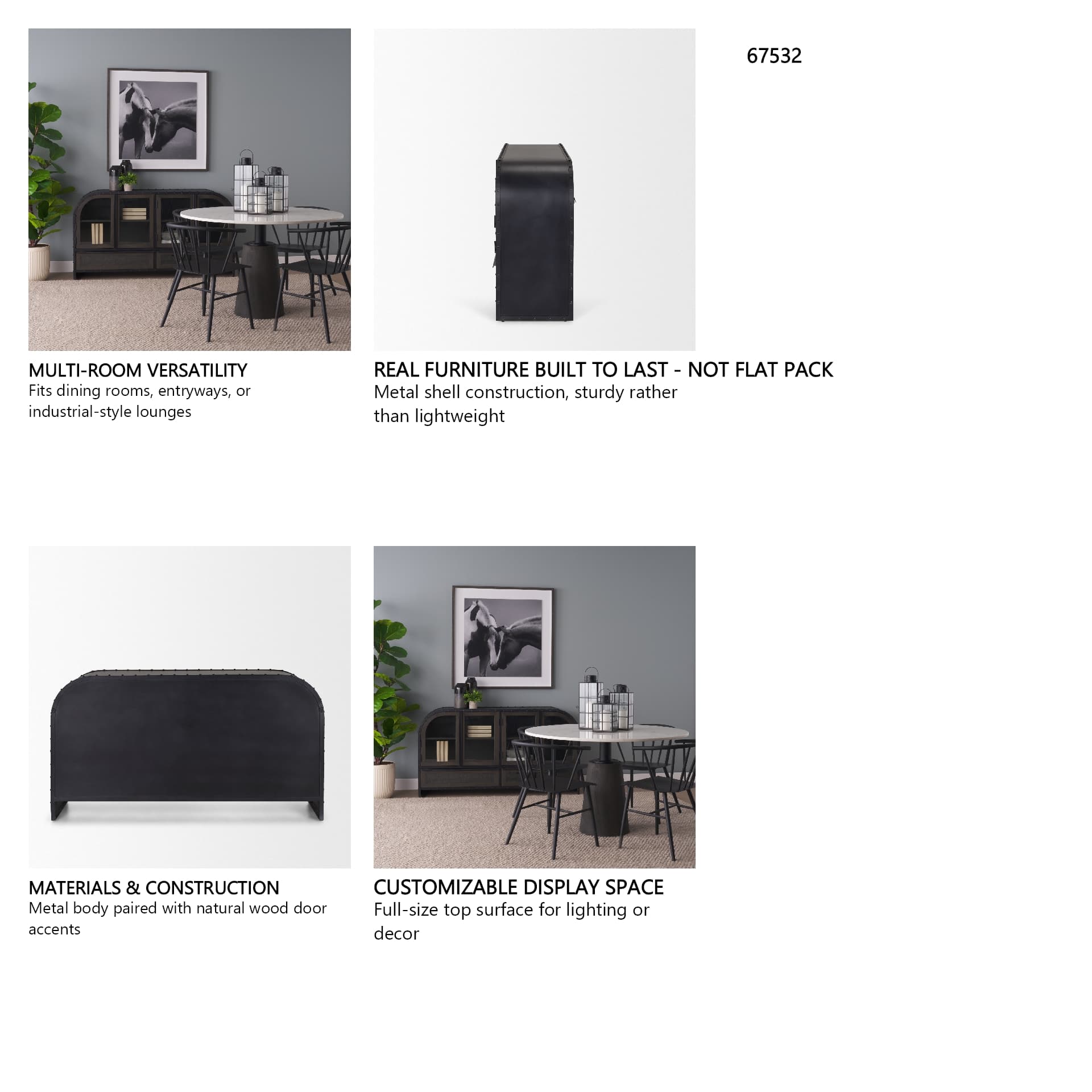 Gehry I 62.3x16.5 Black Metal Frame w/Wood Accent 4 Cabinet Door Two Drawer Sideboard — in a styled room