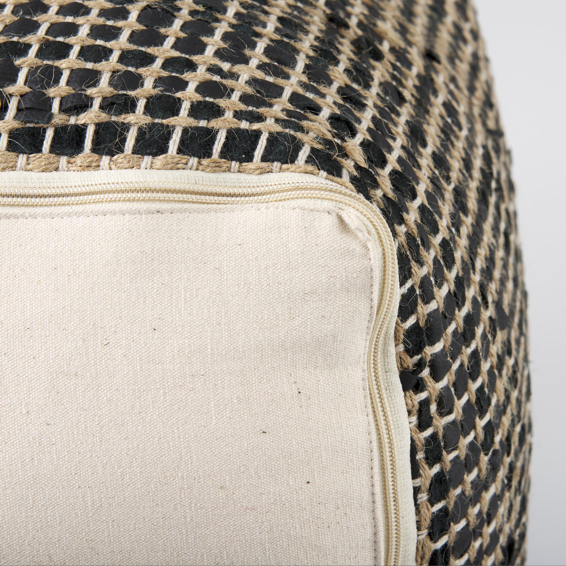 Aalia 16.0L x 16.0W x 16.0H Charcoal Leather and Jute Pouf — product photograph