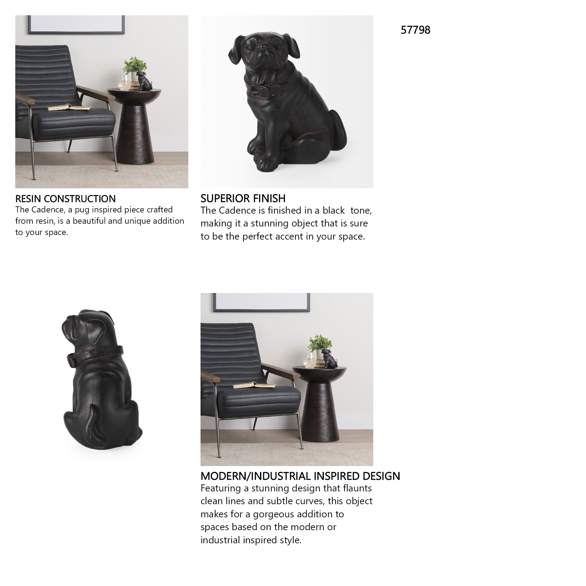 Cadence 4L x 5W Black Resin Pug Dog — in a styled room