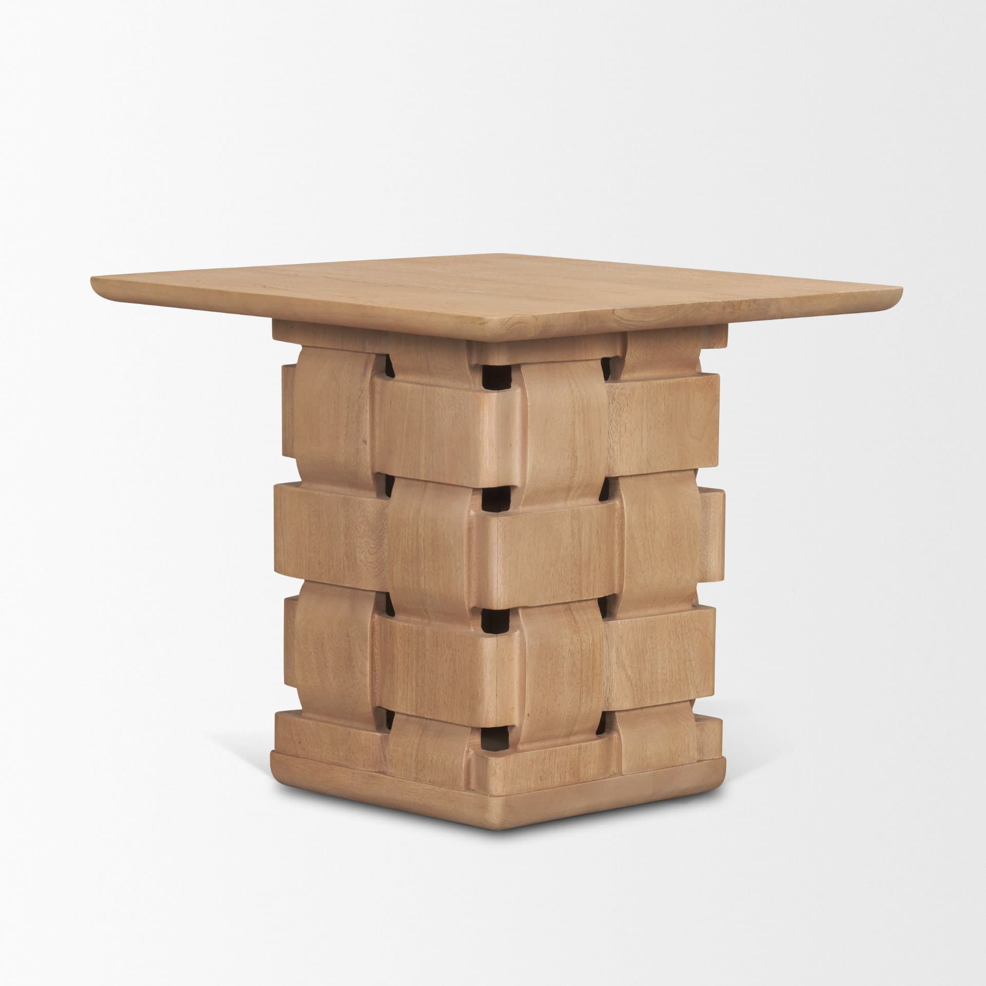 Trellyn Light Brown Wood w/ Carved Woven Base Square Accent Table — product photograph