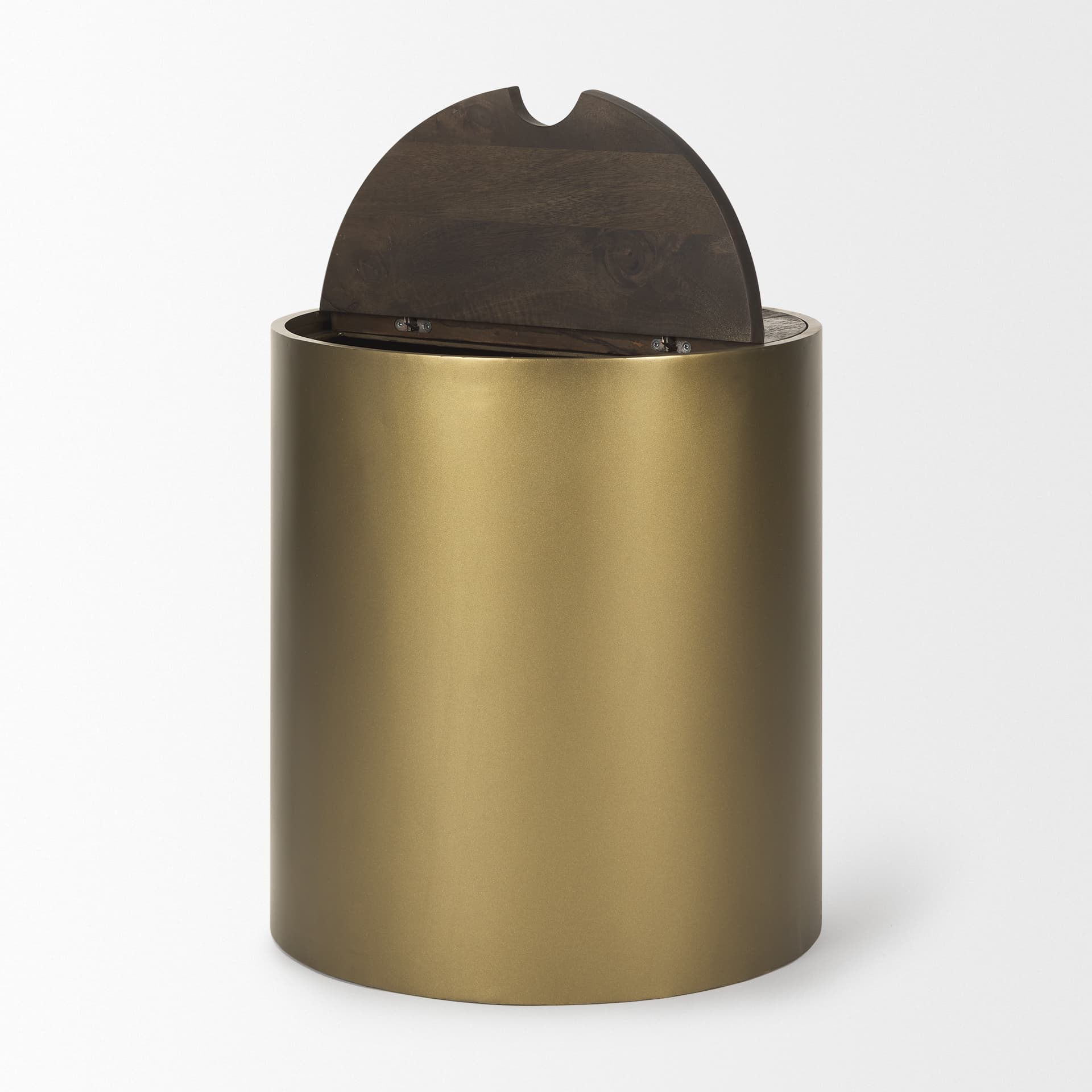 Eclipse Antique Brass Metal Drum Base w/ Dark Brown Wood Top End/Side Table — product photograph