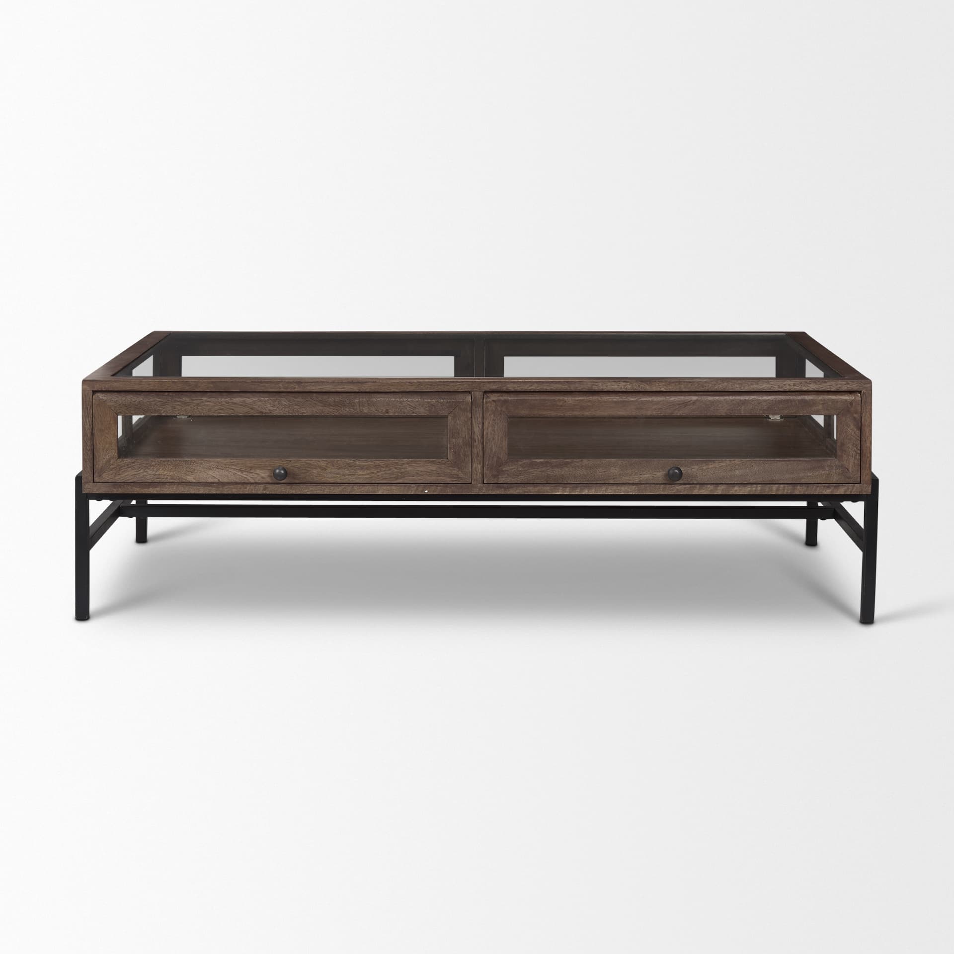 Arelius 49.5"L Rectangular Glass-Top Medium Brown Wood w/ Black Metal Base Display Coffee Table — product photograph
