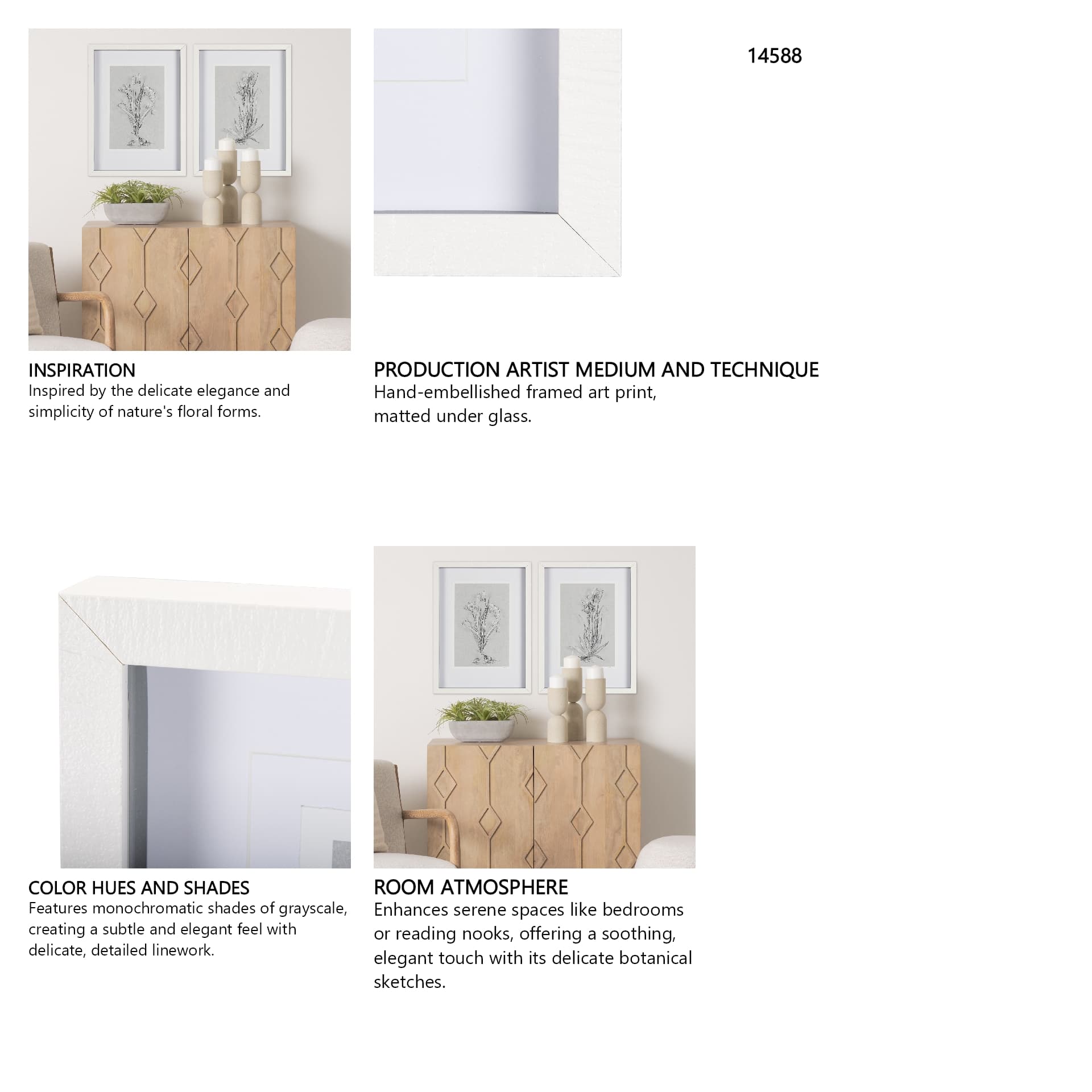 Botanical sketches III (Grey) by Mercana Studio Hand Embellished Framed Art Print Matted under Glass — in a styled room
