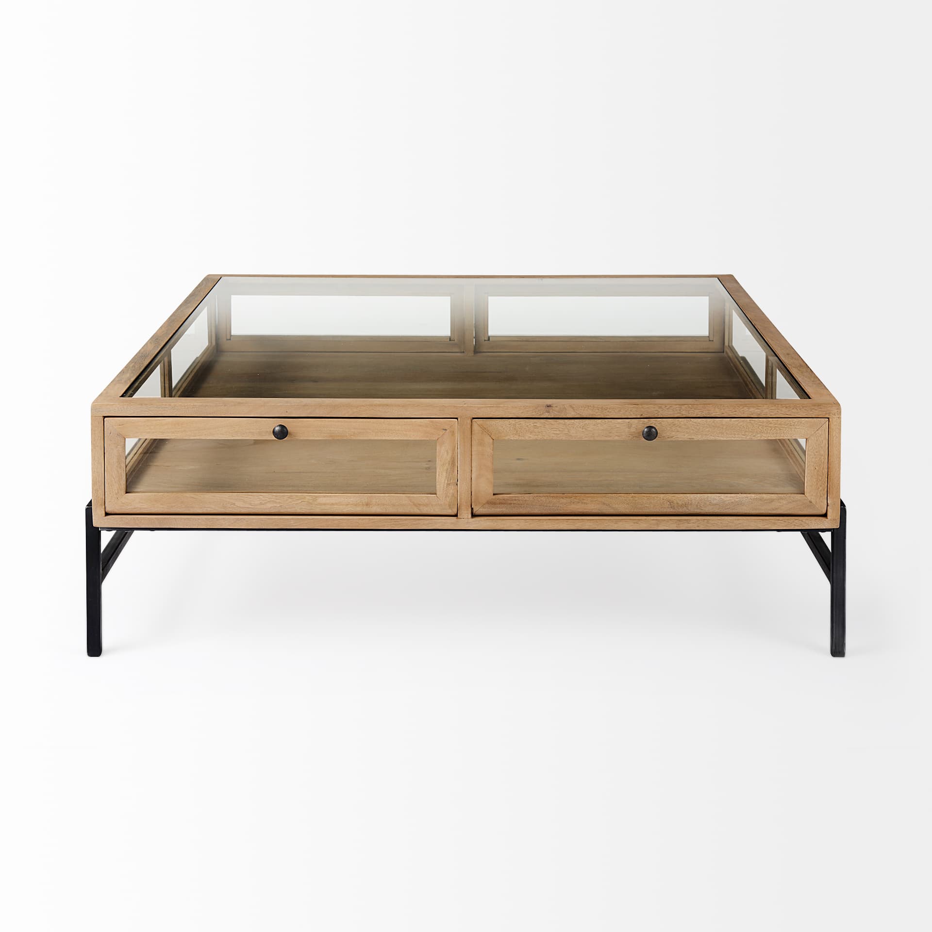 Arelius 42" Square Glass-Top Light Brown w/ Black Metal Base Display Coffee Table — product photograph