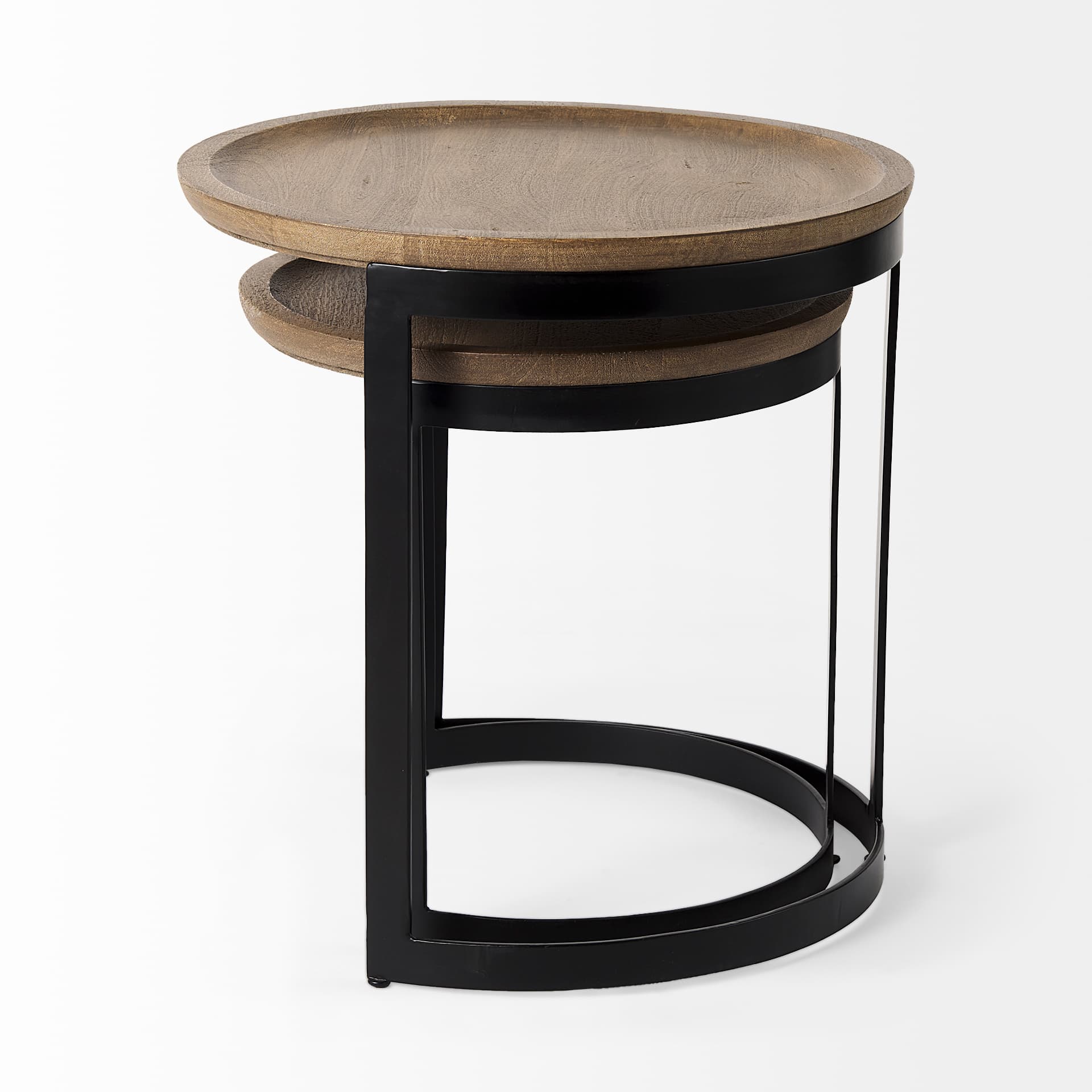 Aisley (Set of 2) 19.3L x 19.3W x 19H Light Brown Wood W/ Black Metal Base Round Nesting Side Tables — product photograph