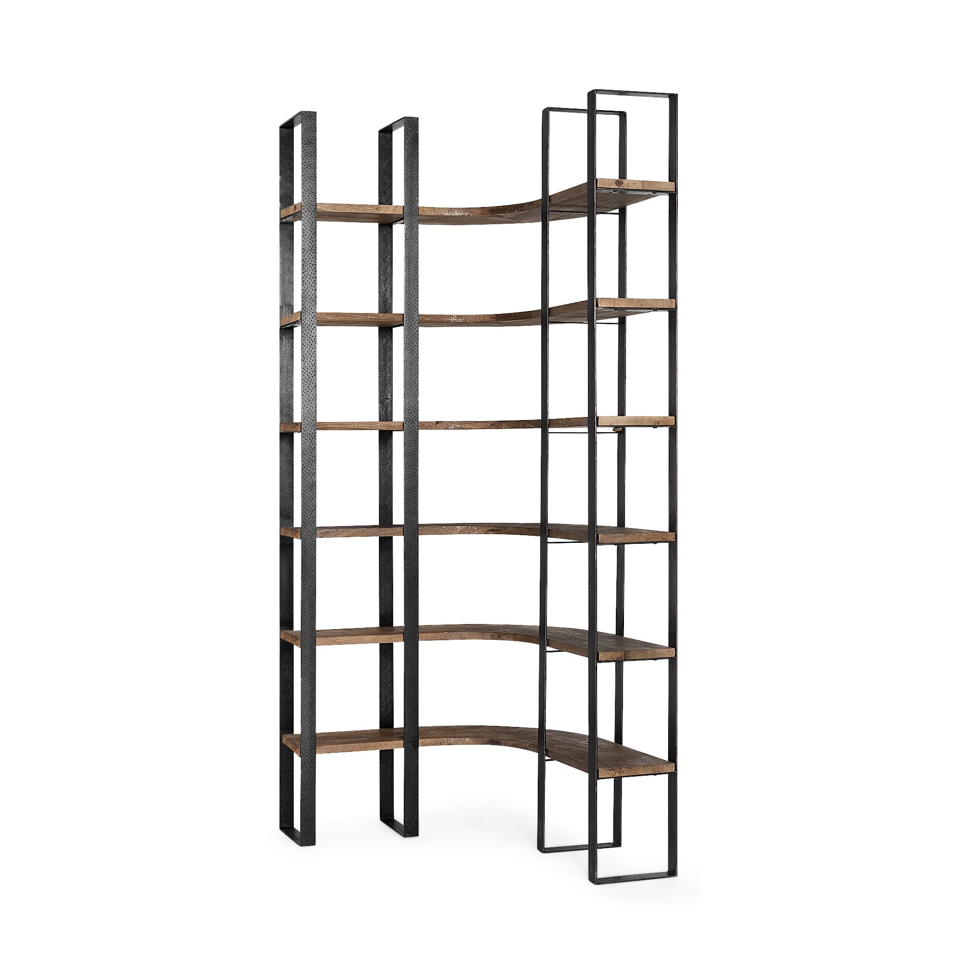 Turner II 37L x 10.5W x 90H Curved Dark Brown Wood And Black Iron Six Shelving Unit — product photograph