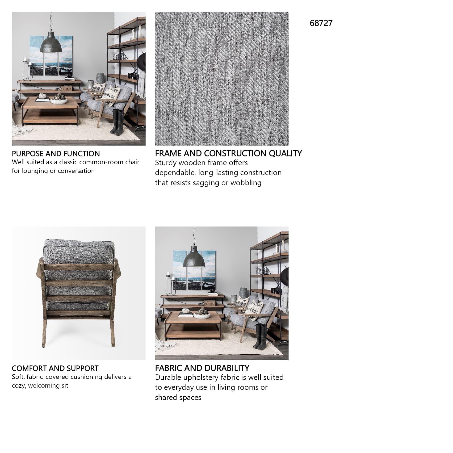 Olympus V Castlerock Grey Fabric Wrapped Brown Wooden Frame Accent Chair — in a styled room