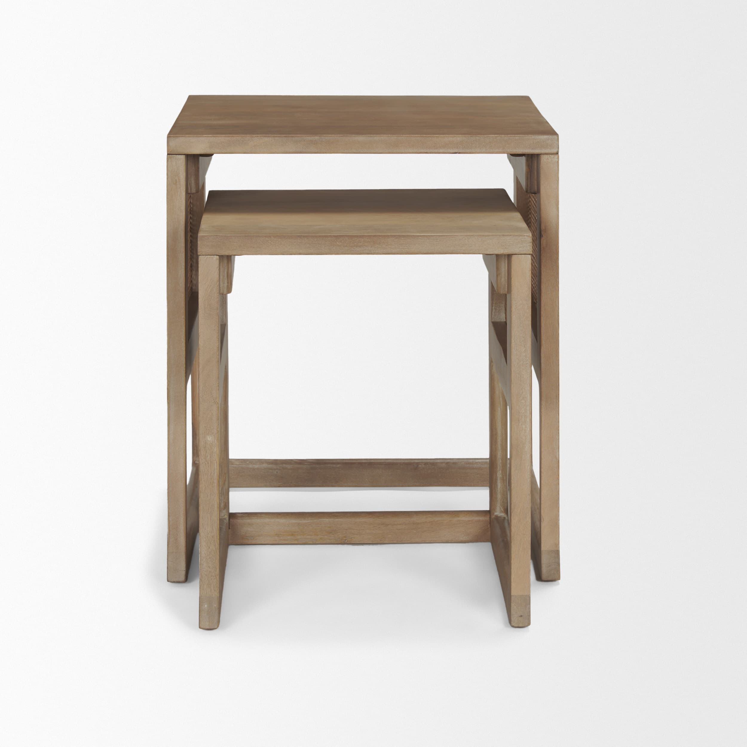 Grier Set of 2 Light Brown Solid Wood w/ Cane Nesting Accent Tables — product photograph
